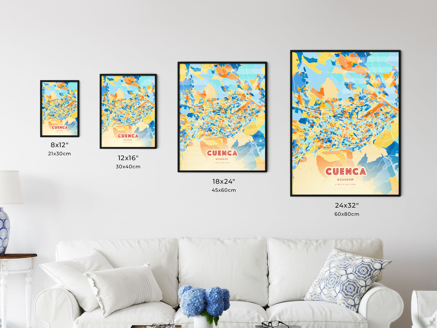 Colorful CUENCA ECUADOR Fine Art Map Blue Orange