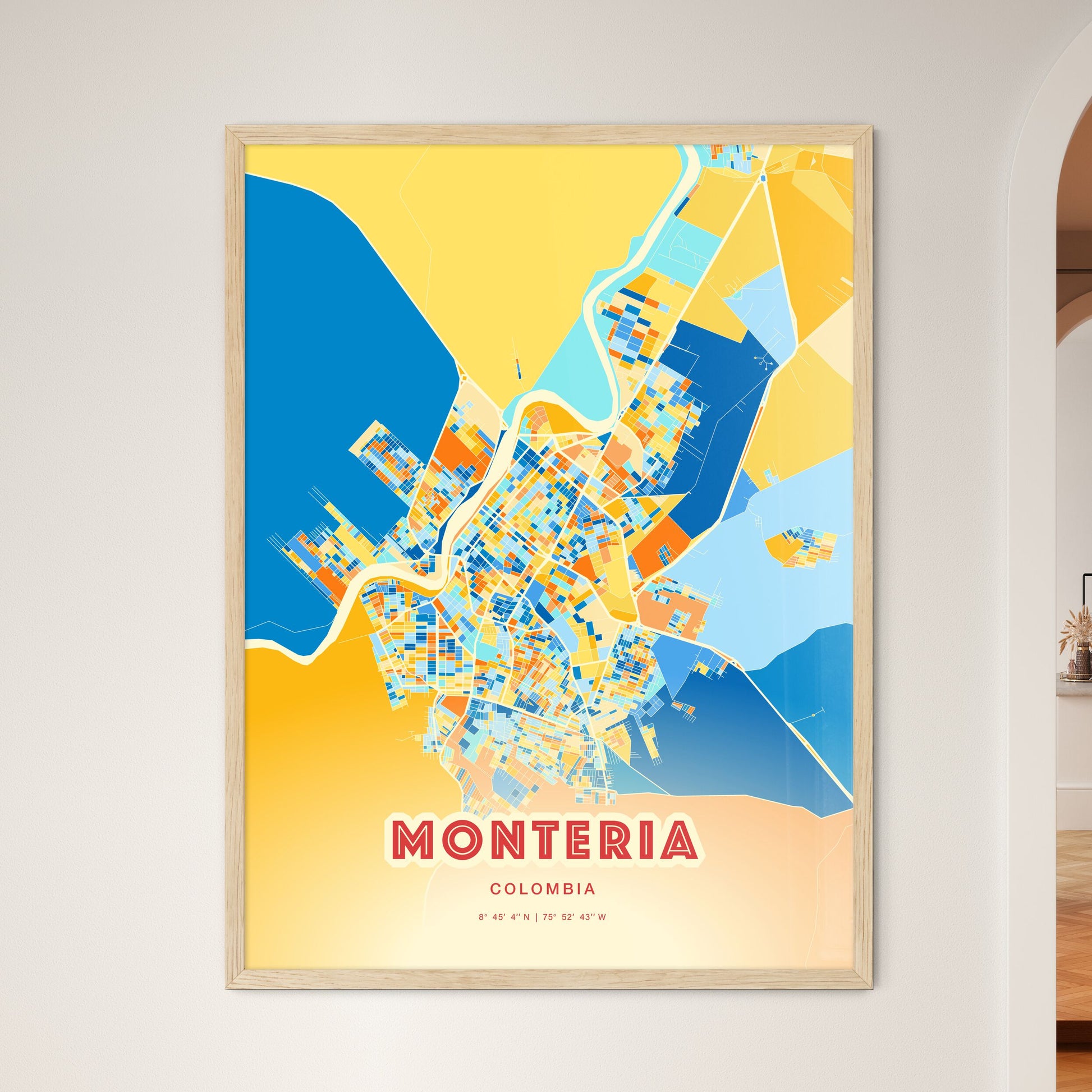 Colorful MONTERIA COLOMBIA Fine Art Map Blue Orange