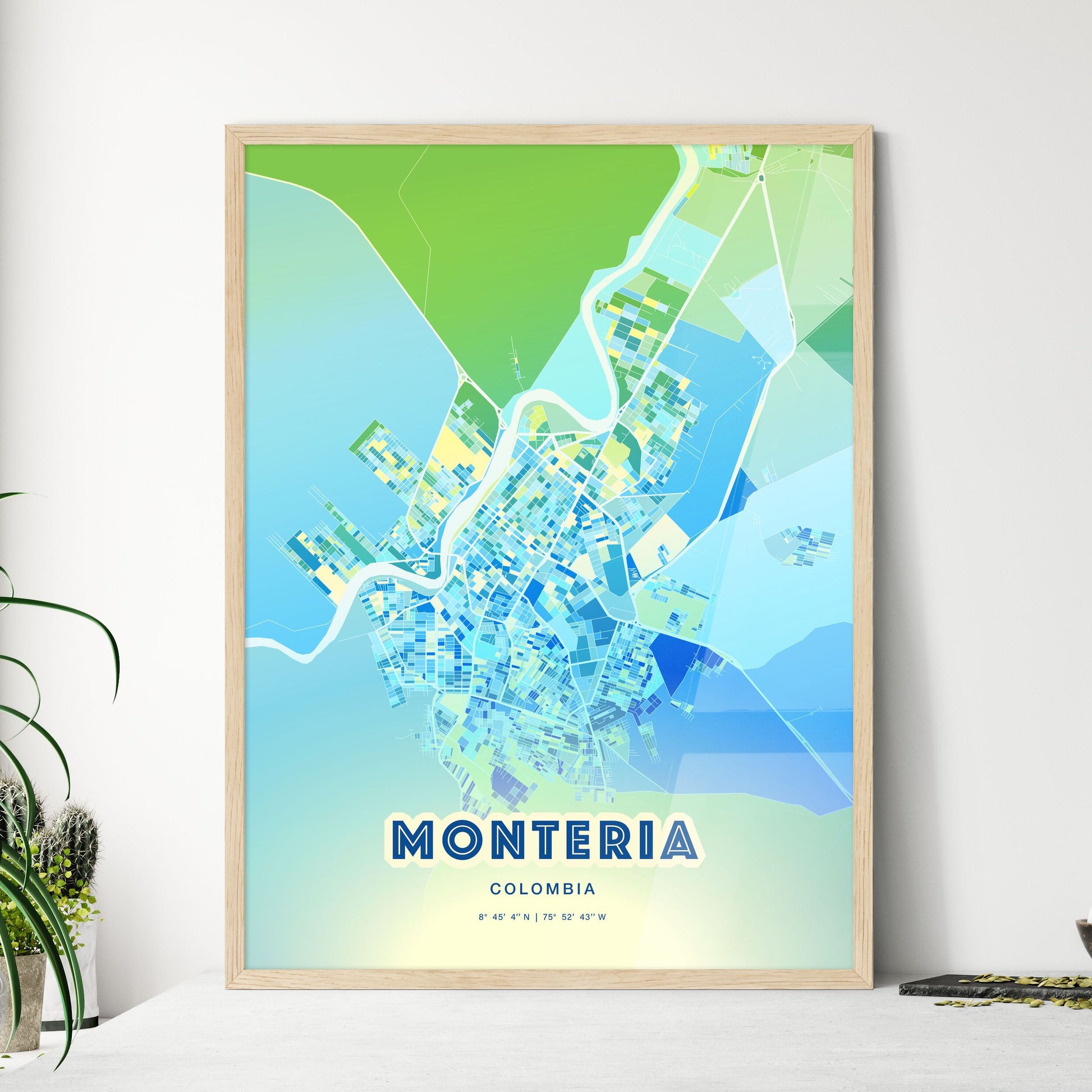Colorful MONTERIA COLOMBIA Fine Art Map Cool Blue