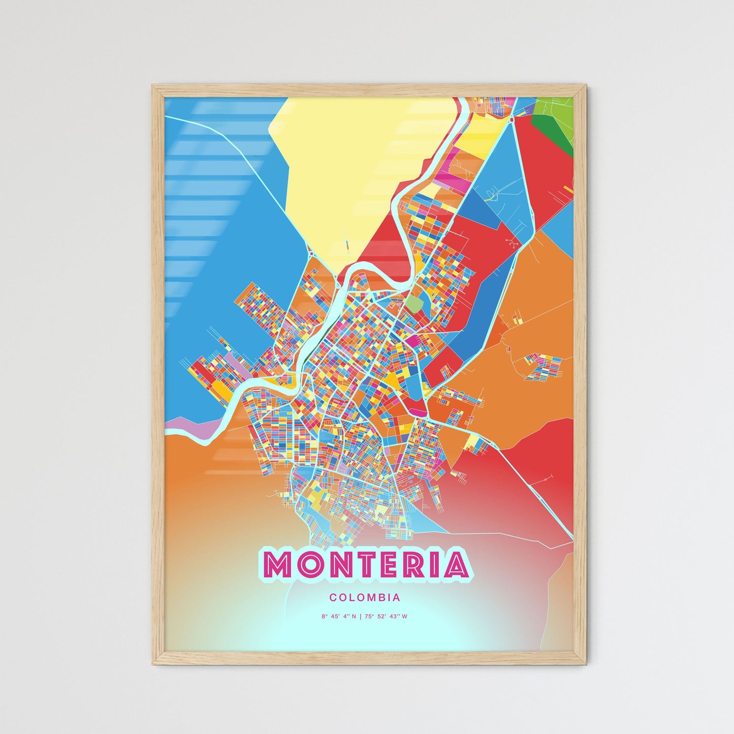 Colorful MONTERIA COLOMBIA Fine Art Map Crazy Colors