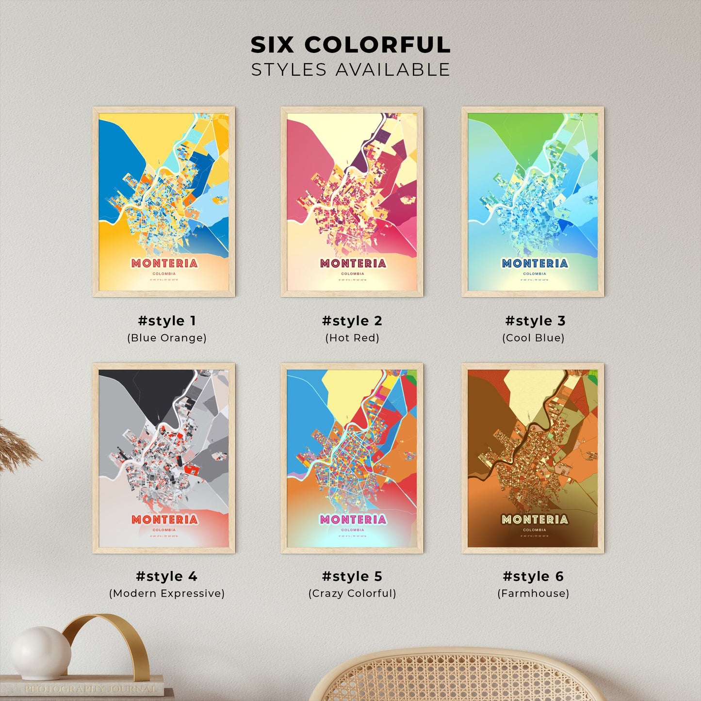 Colorful MONTERIA COLOMBIA Fine Art Map Blue Orange