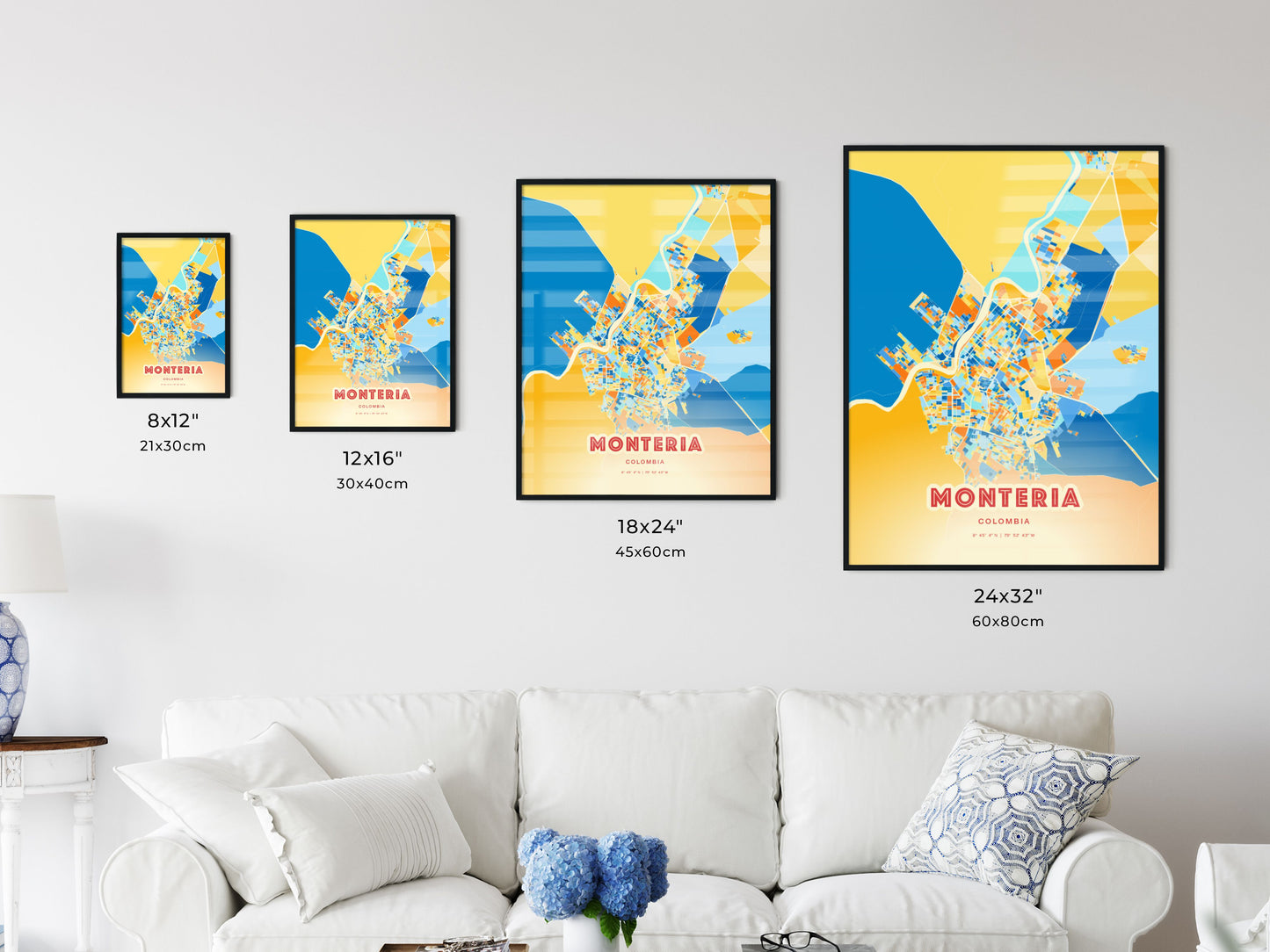 Colorful MONTERIA COLOMBIA Fine Art Map Blue Orange