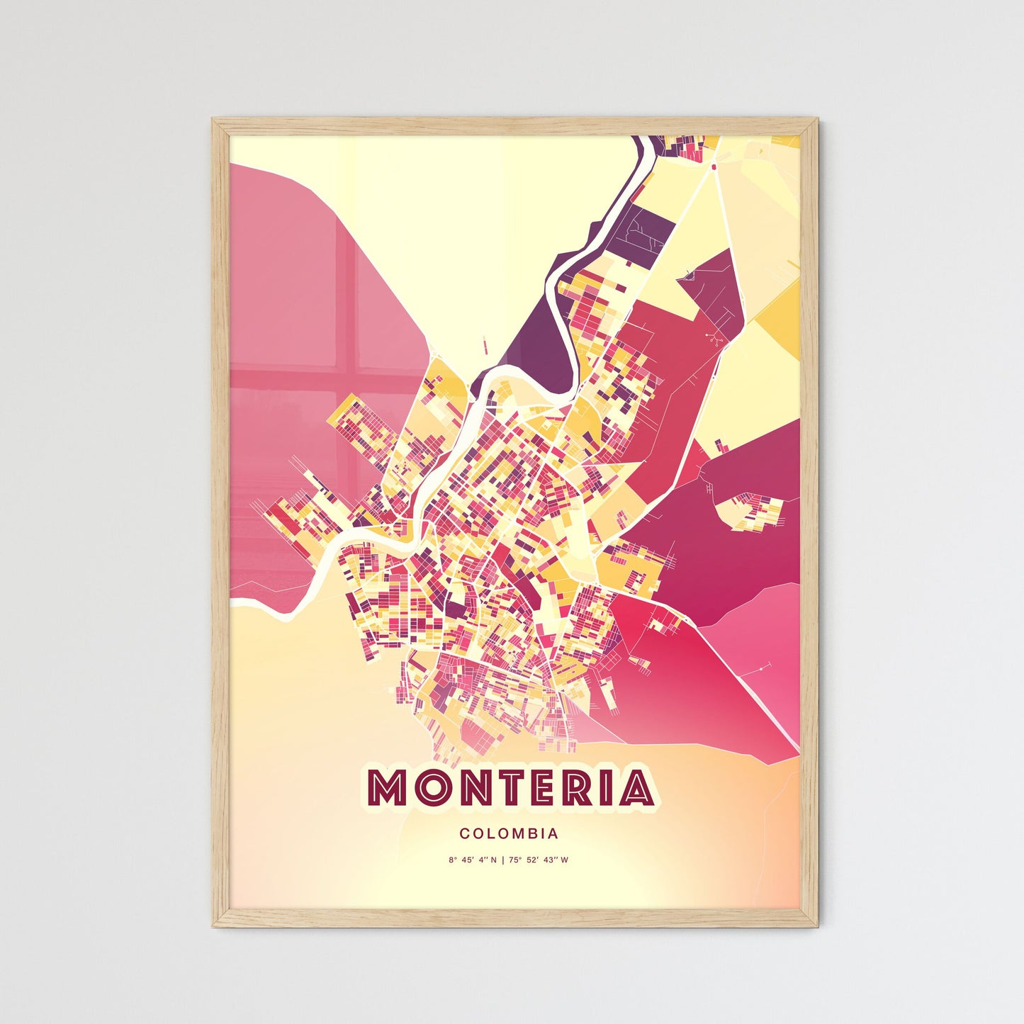 Colorful MONTERIA COLOMBIA Fine Art Map Hot Red