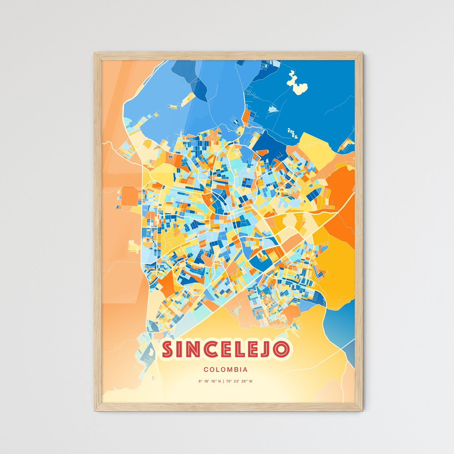 Colorful SINCELEJO COLOMBIA Fine Art Map Blue Orange