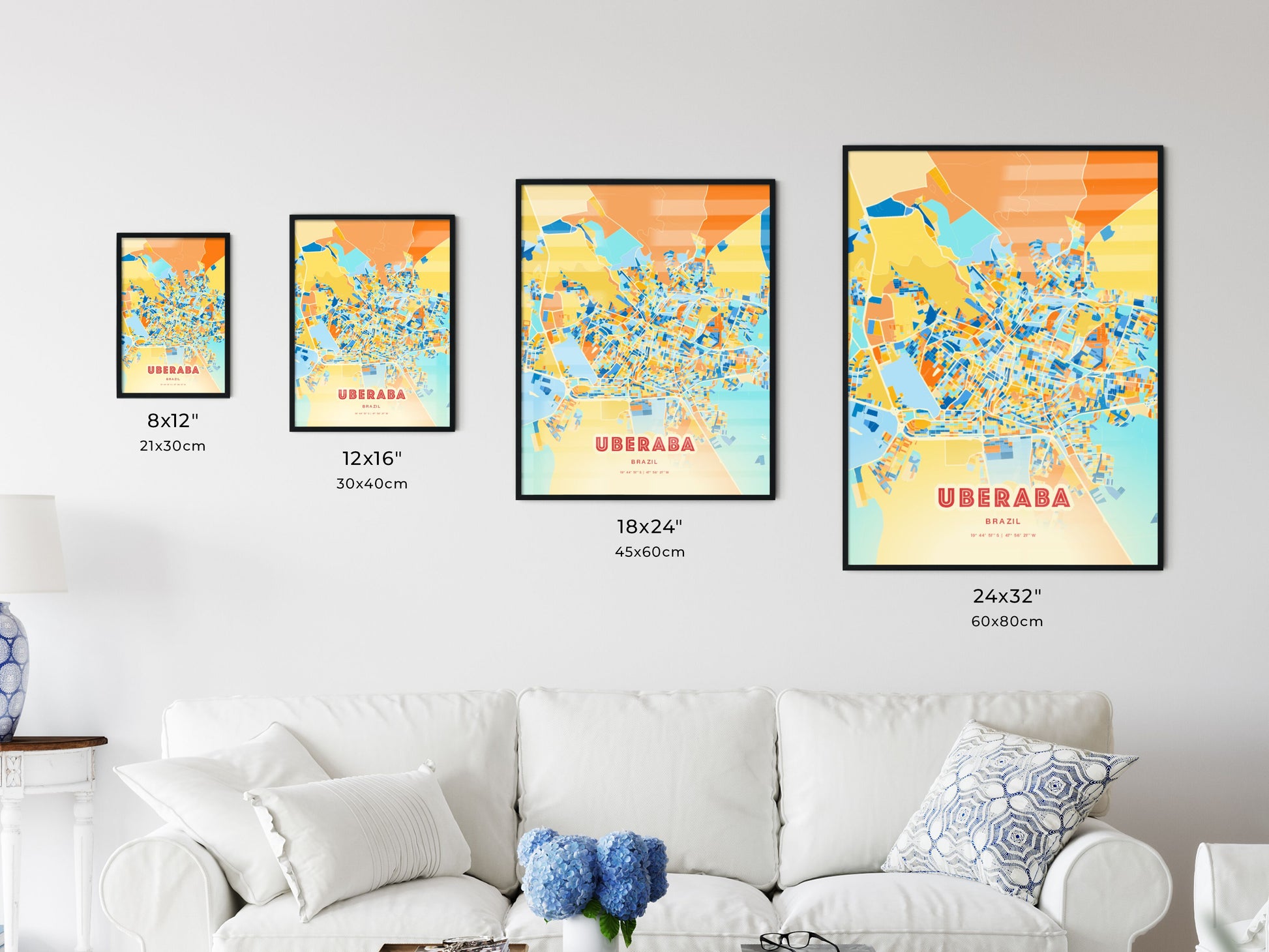 Colorful UBERABA BRAZIL Fine Art Map Blue Orange