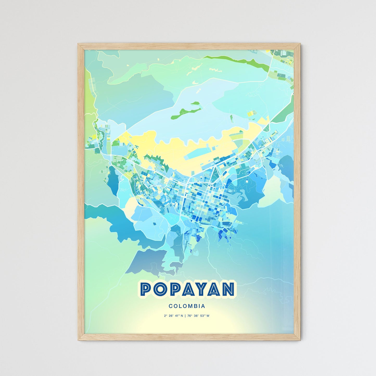 Colorful POPAYAN COLOMBIA Fine Art Map Cool Blue