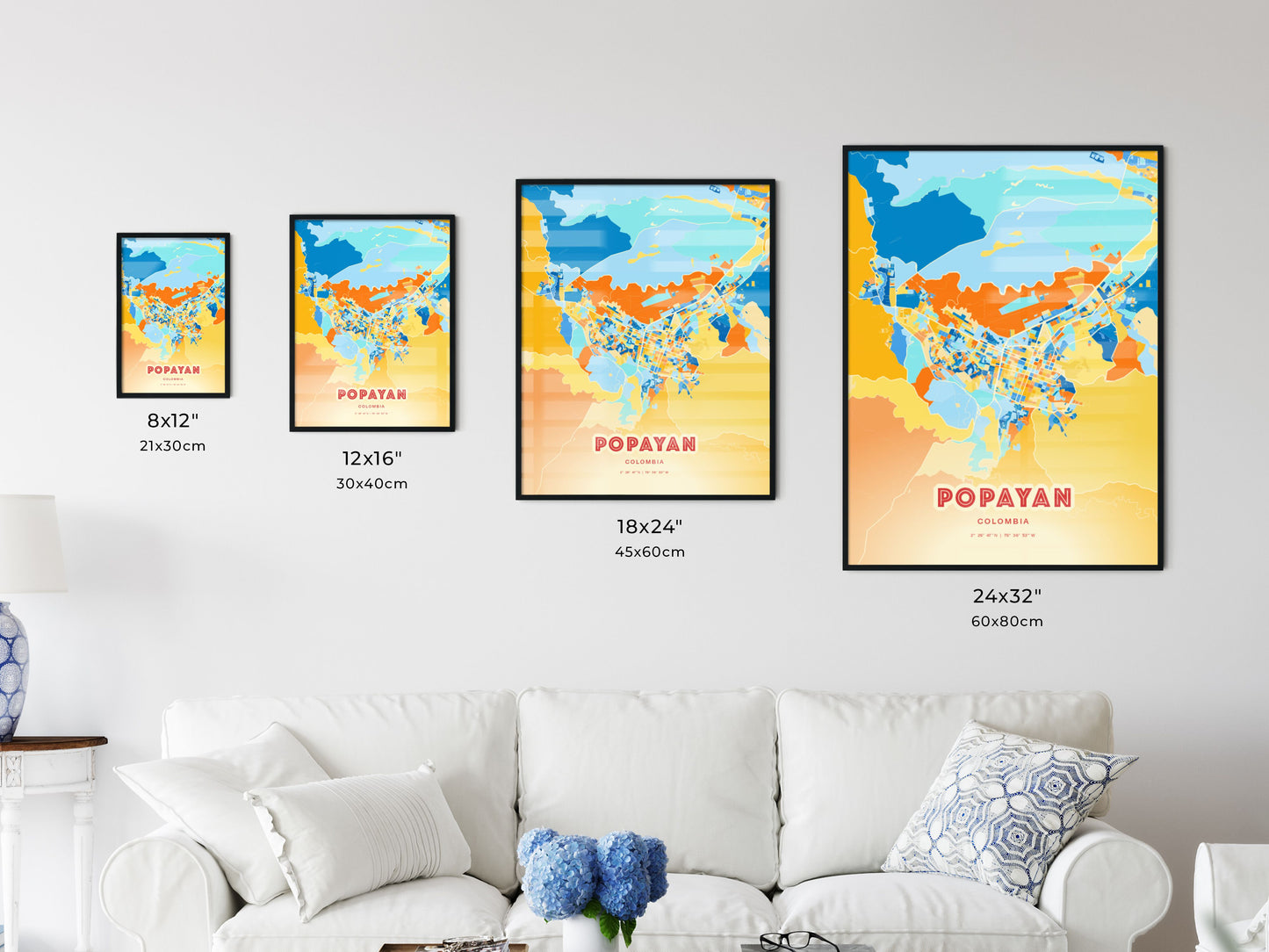 Colorful POPAYAN COLOMBIA Fine Art Map Blue Orange