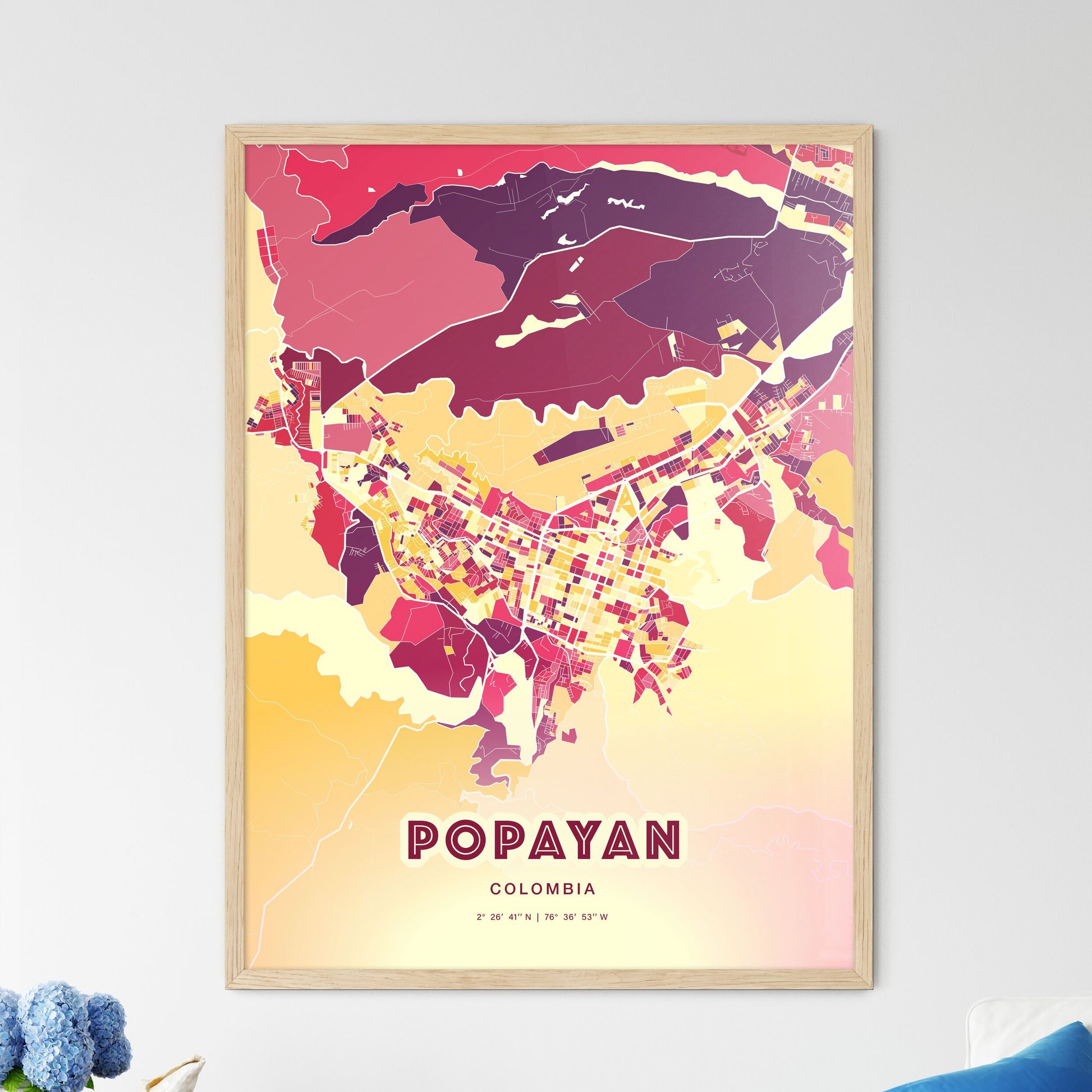 Colorful POPAYAN COLOMBIA Fine Art Map Hot Red