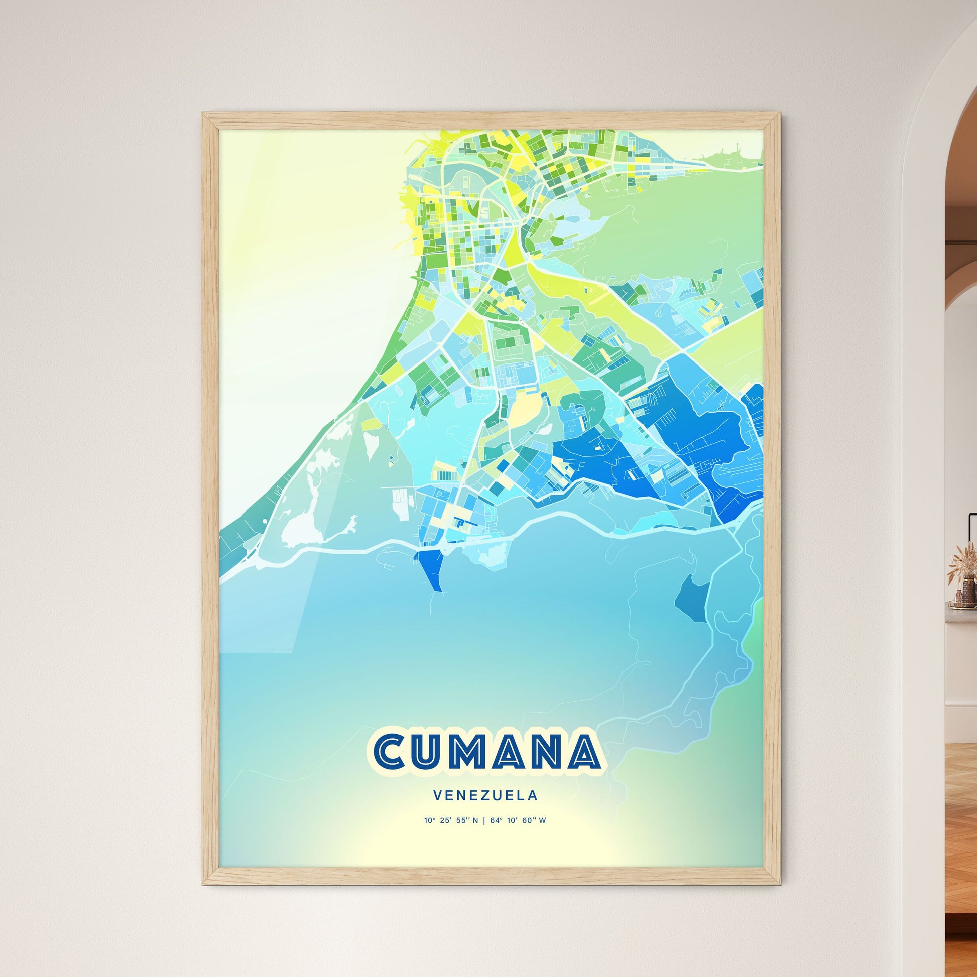 Colorful CUMANA VENEZUELA Fine Art Map Cool Blue