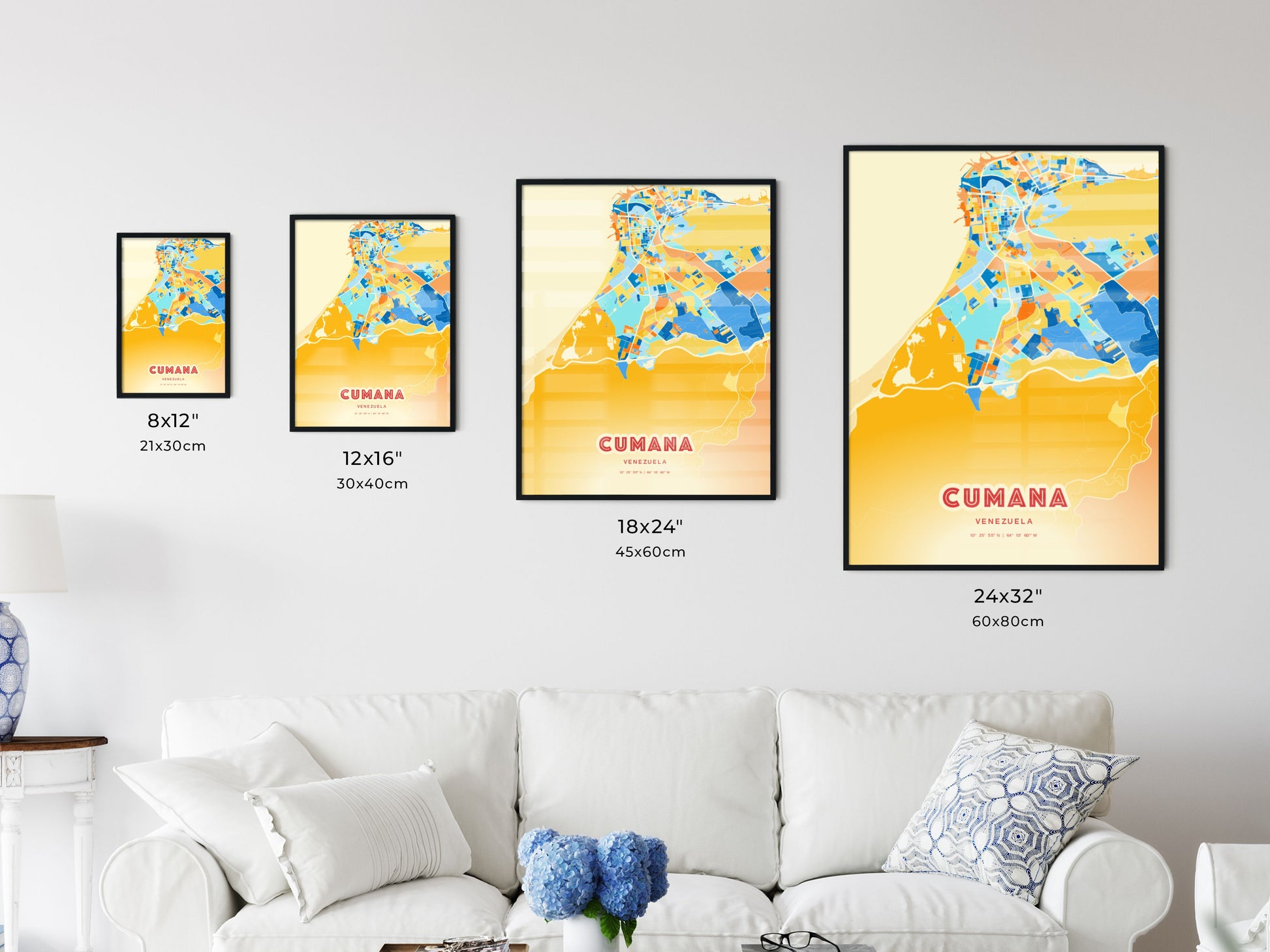 Colorful CUMANA VENEZUELA Fine Art Map Blue Orange