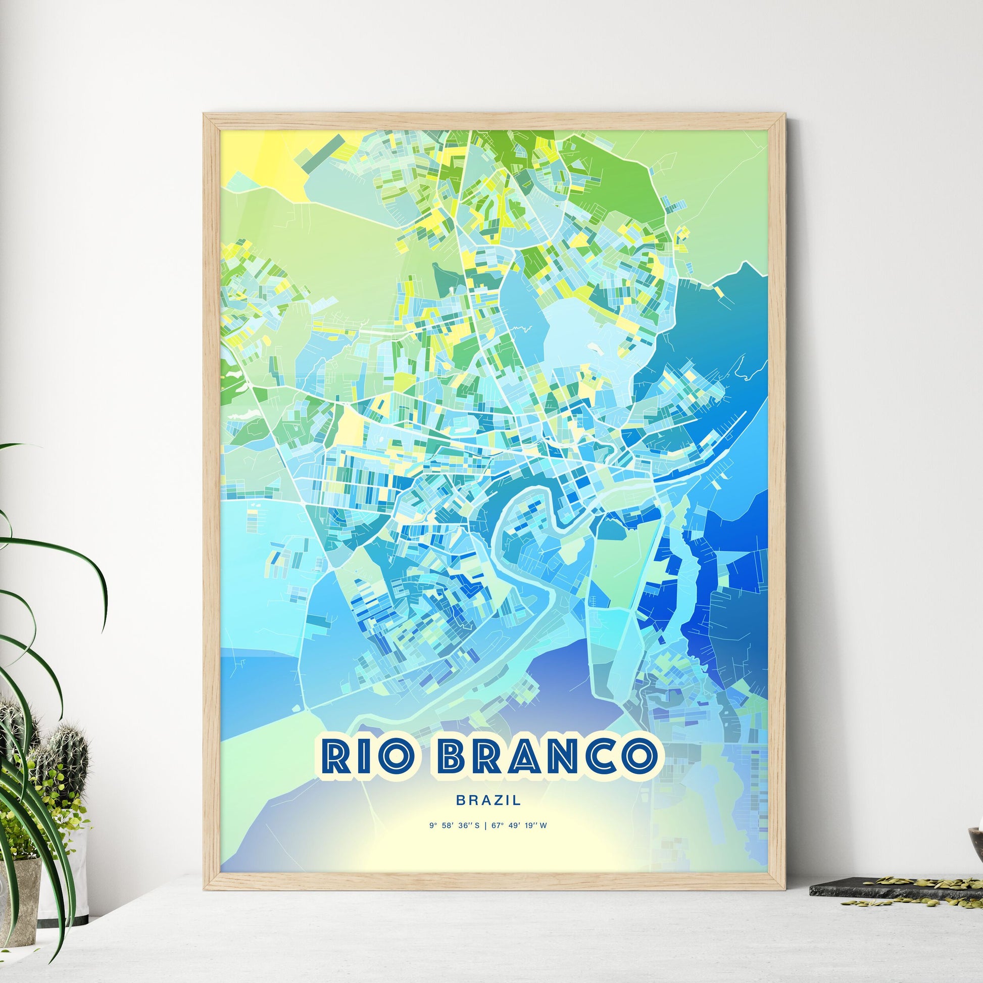 Colorful RIO BRANCO BRAZIL Fine Art Map Cool Blue