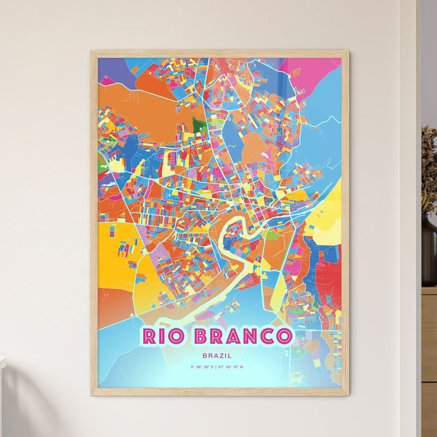 Colorful RIO BRANCO BRAZIL Fine Art Map Crazy Colors