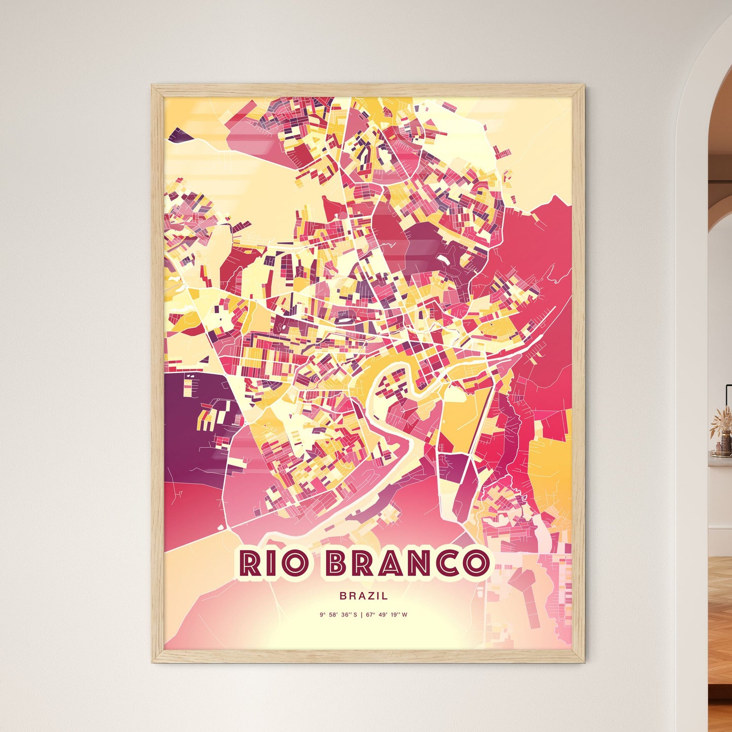 Colorful RIO BRANCO BRAZIL Fine Art Map Hot Red