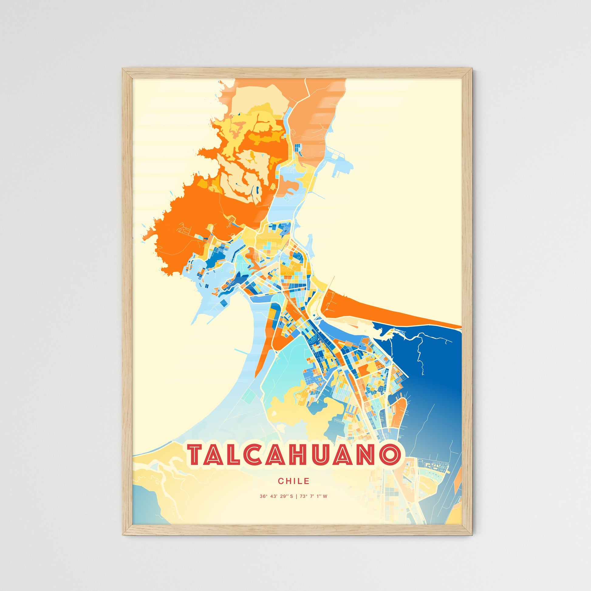 Colorful TALCAHUANO CHILE Fine Art Map Blue Orange