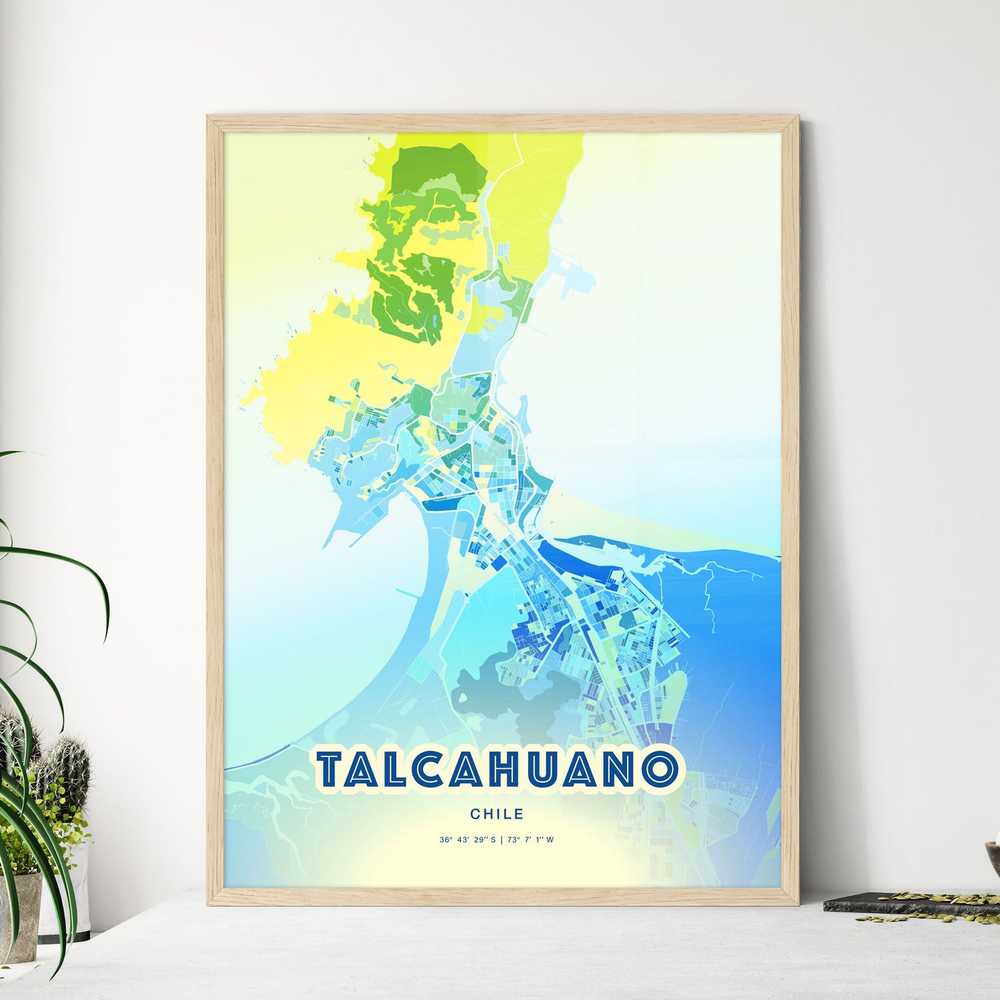 Colorful TALCAHUANO CHILE Fine Art Map Cool Blue