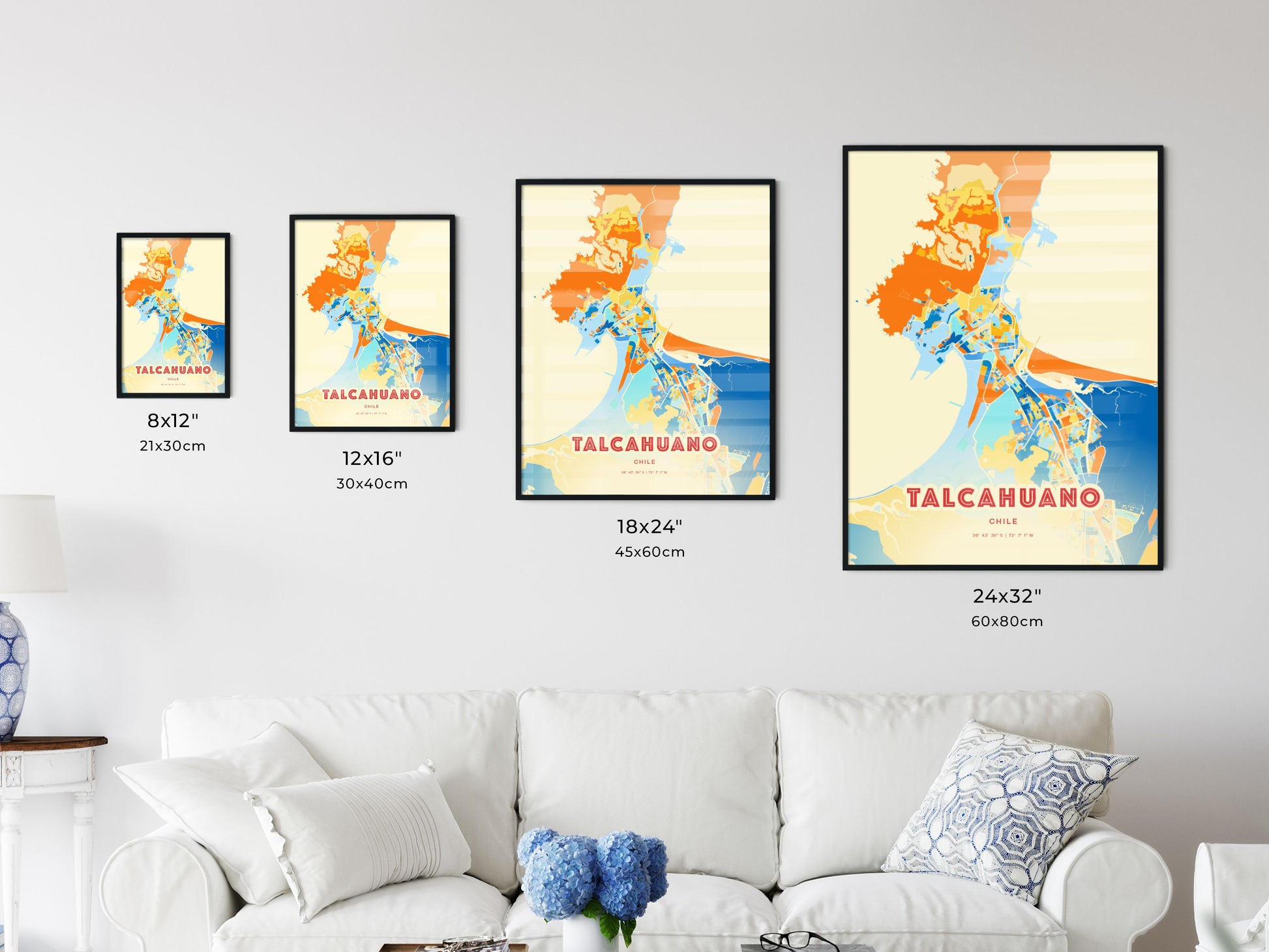 Colorful TALCAHUANO CHILE Fine Art Map Blue Orange