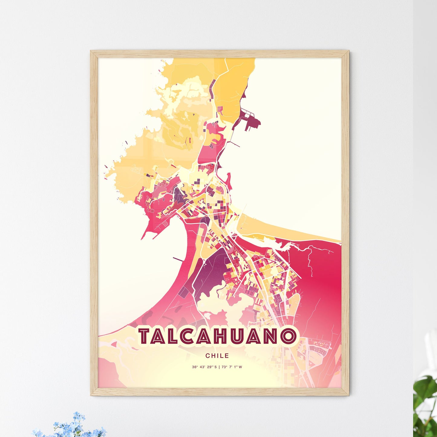 Colorful TALCAHUANO CHILE Fine Art Map Hot Red