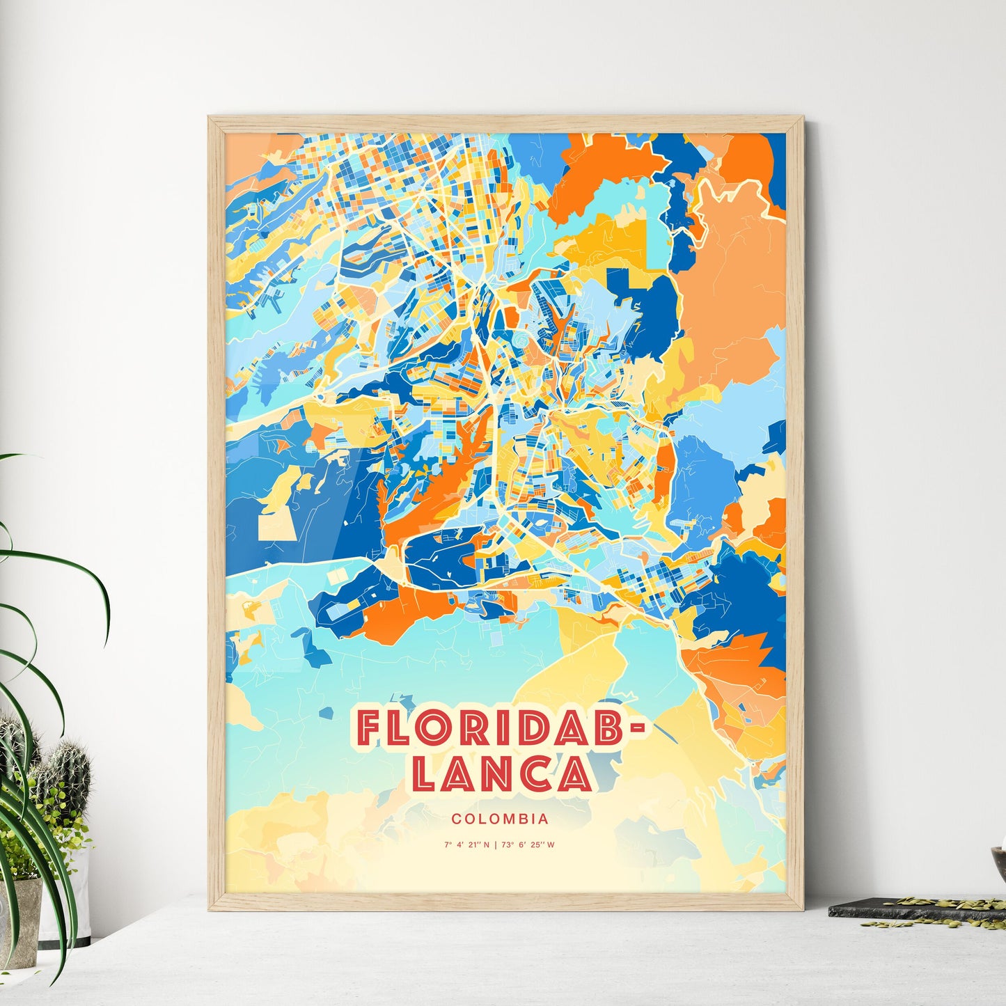 Colorful FLORIDABLANCA COLOMBIA Fine Art Map Blue Orange