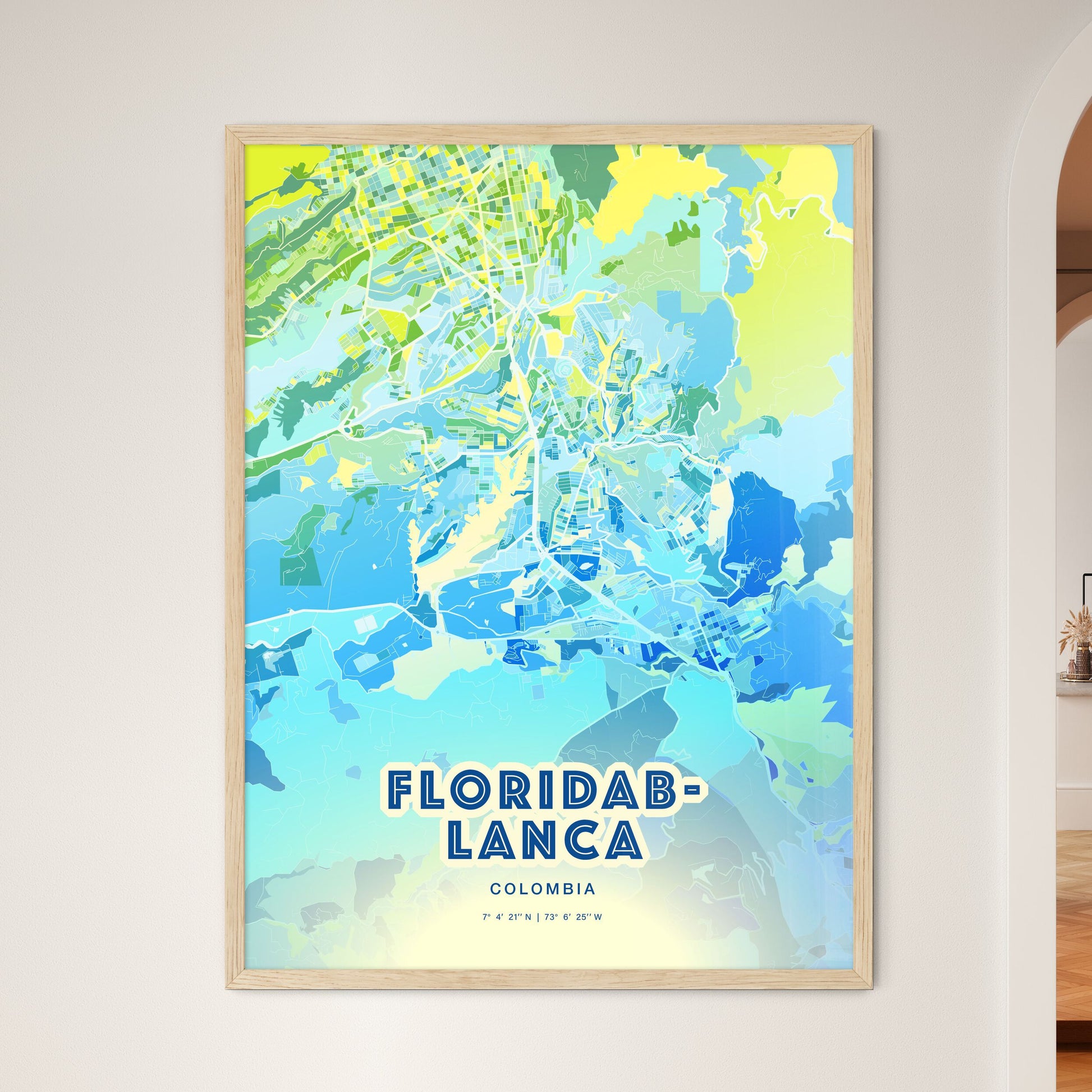 Colorful FLORIDABLANCA COLOMBIA Fine Art Map Cool Blue