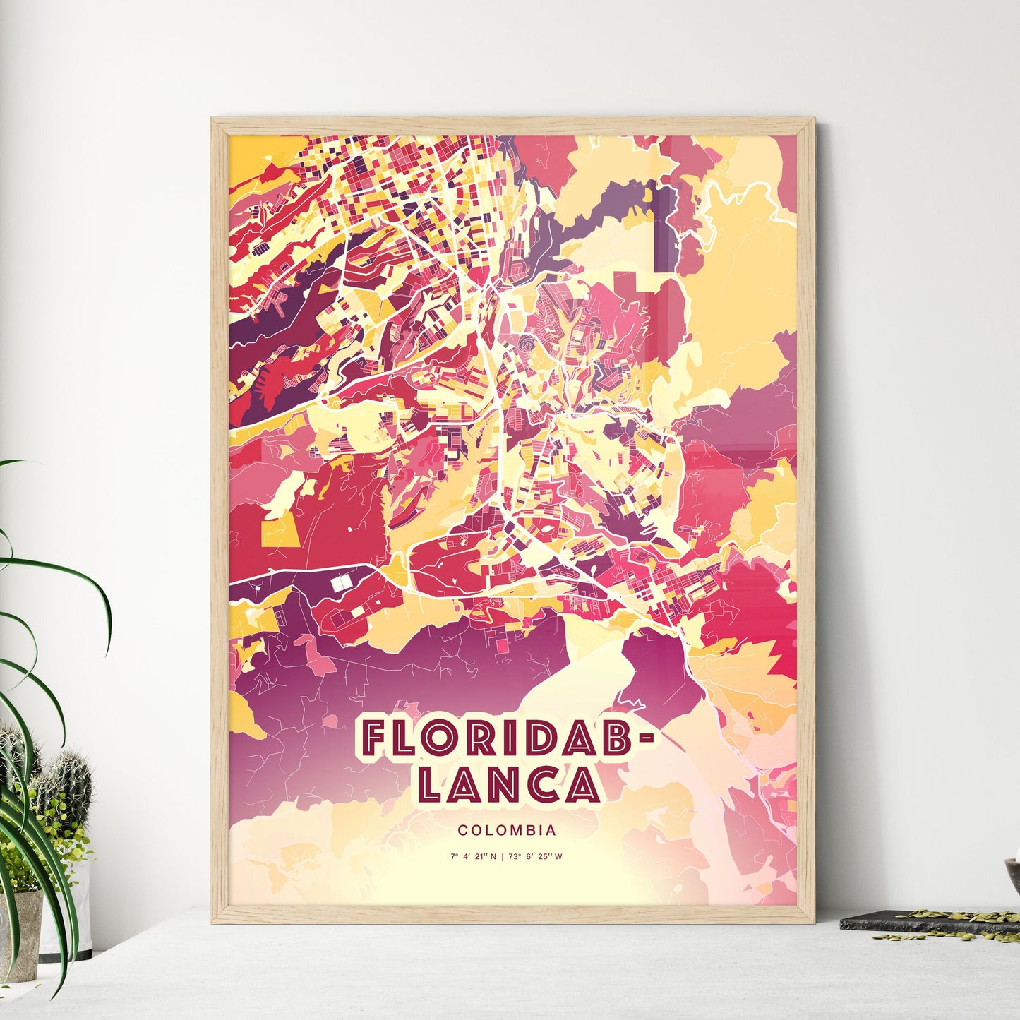 Colorful FLORIDABLANCA COLOMBIA Fine Art Map Hot Red