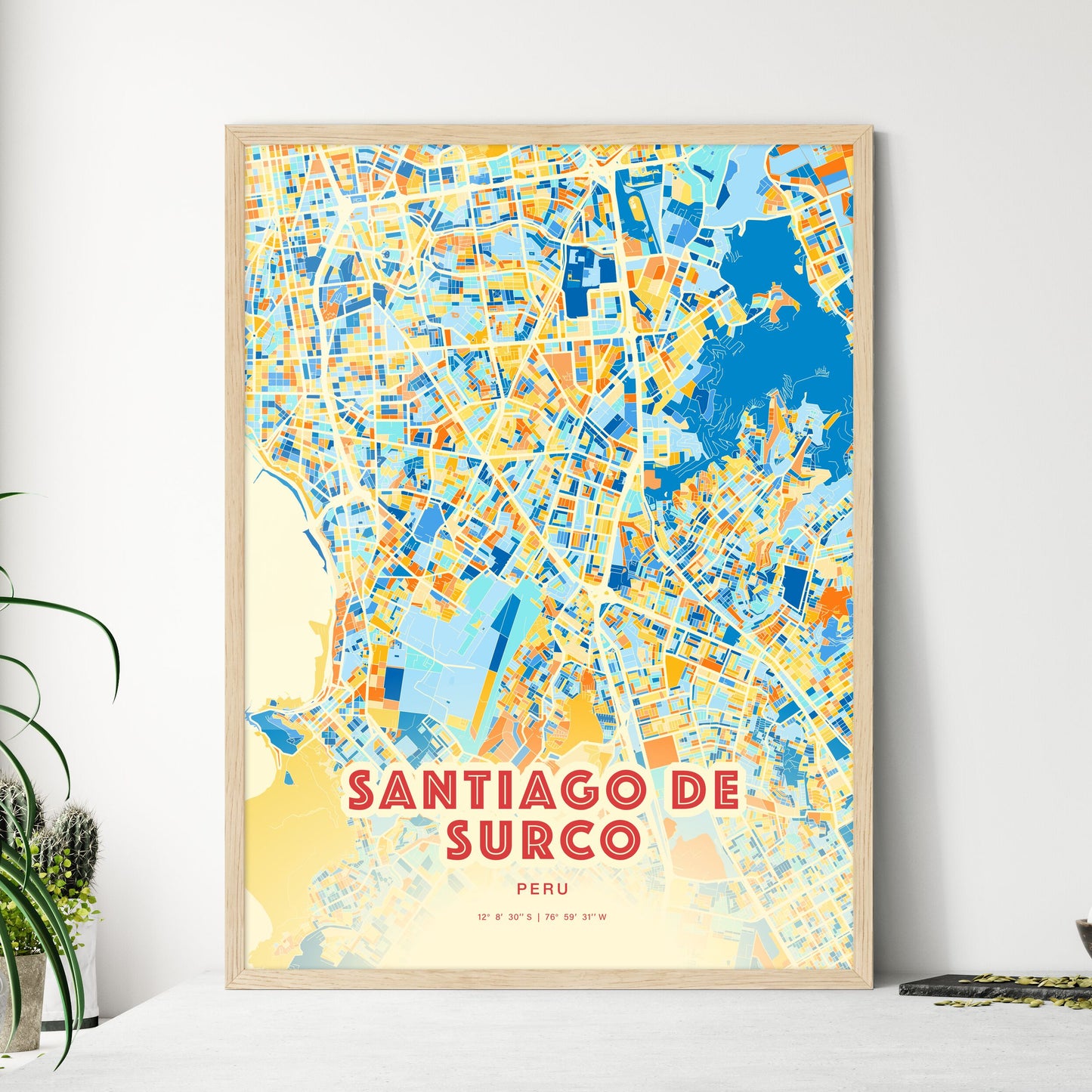 Colorful SANTIAGO DE SURCO PERU Fine Art Map Blue Orange