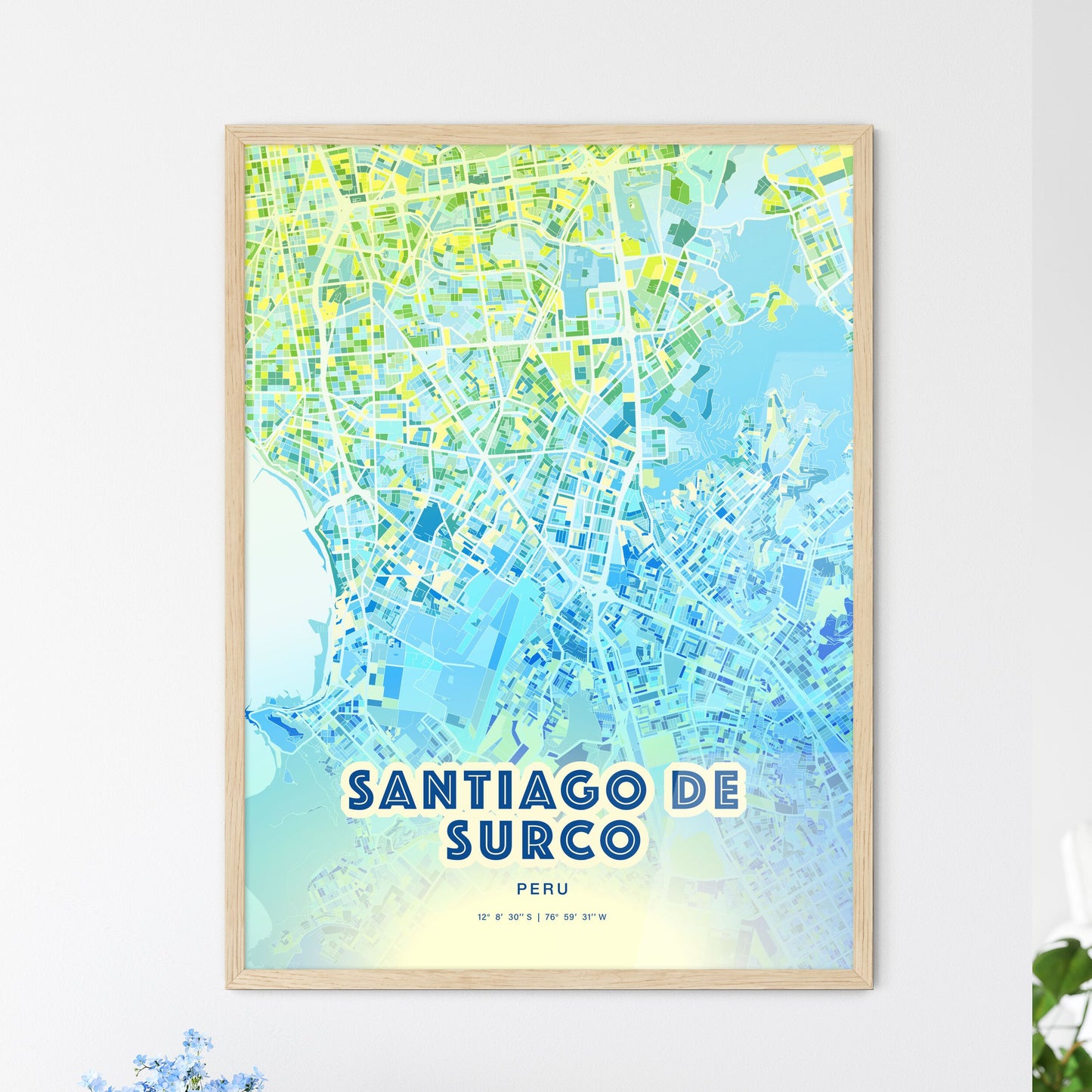 Colorful SANTIAGO DE SURCO PERU Fine Art Map Cool Blue