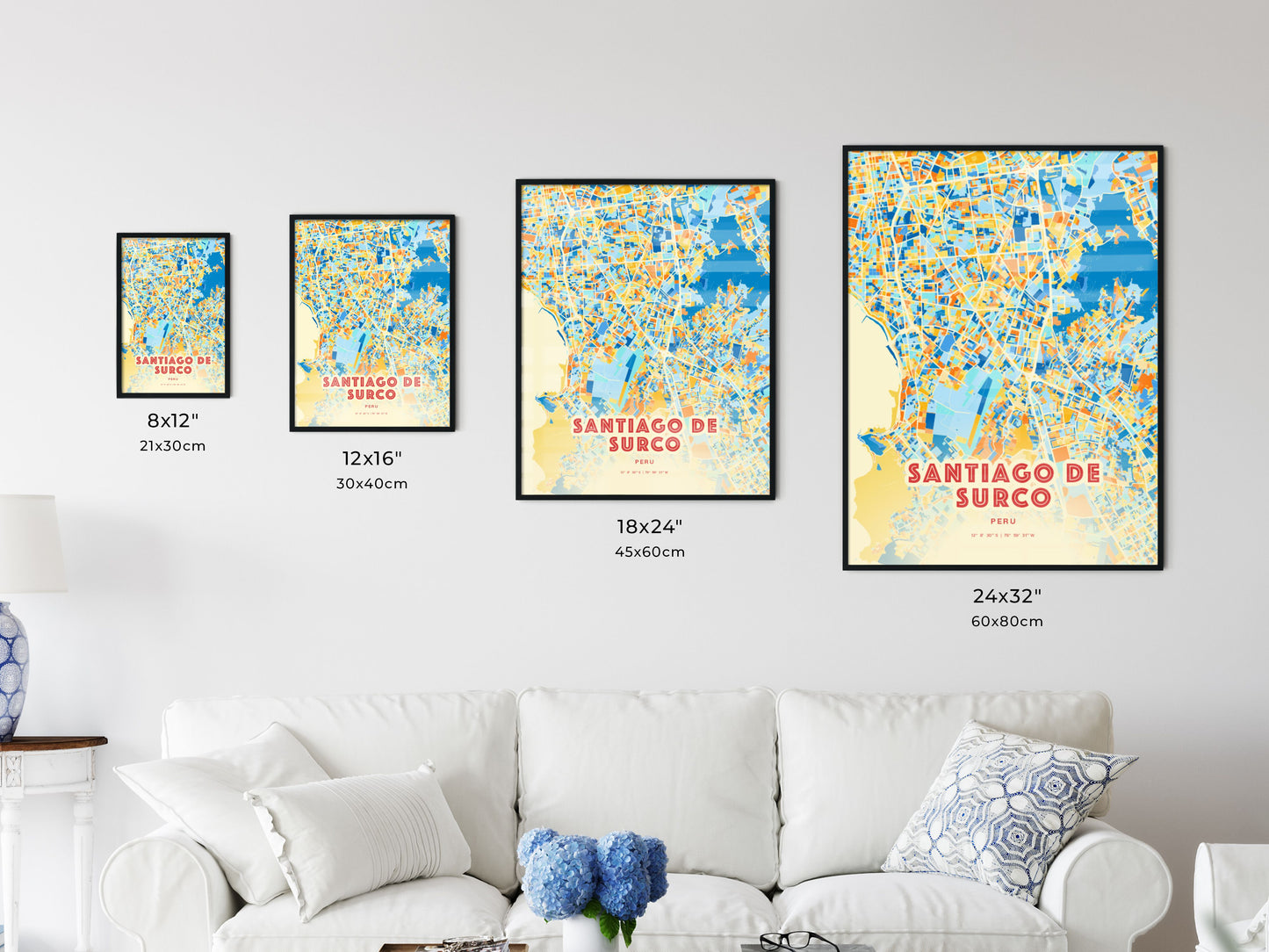 Colorful SANTIAGO DE SURCO PERU Fine Art Map Blue Orange