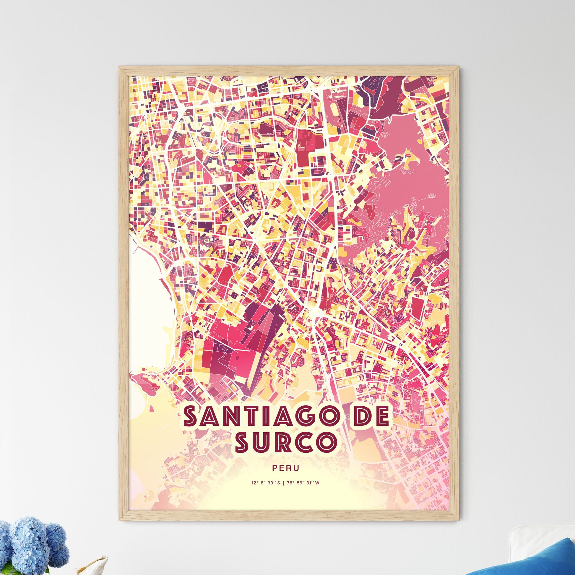 Colorful SANTIAGO DE SURCO PERU Fine Art Map Hot Red