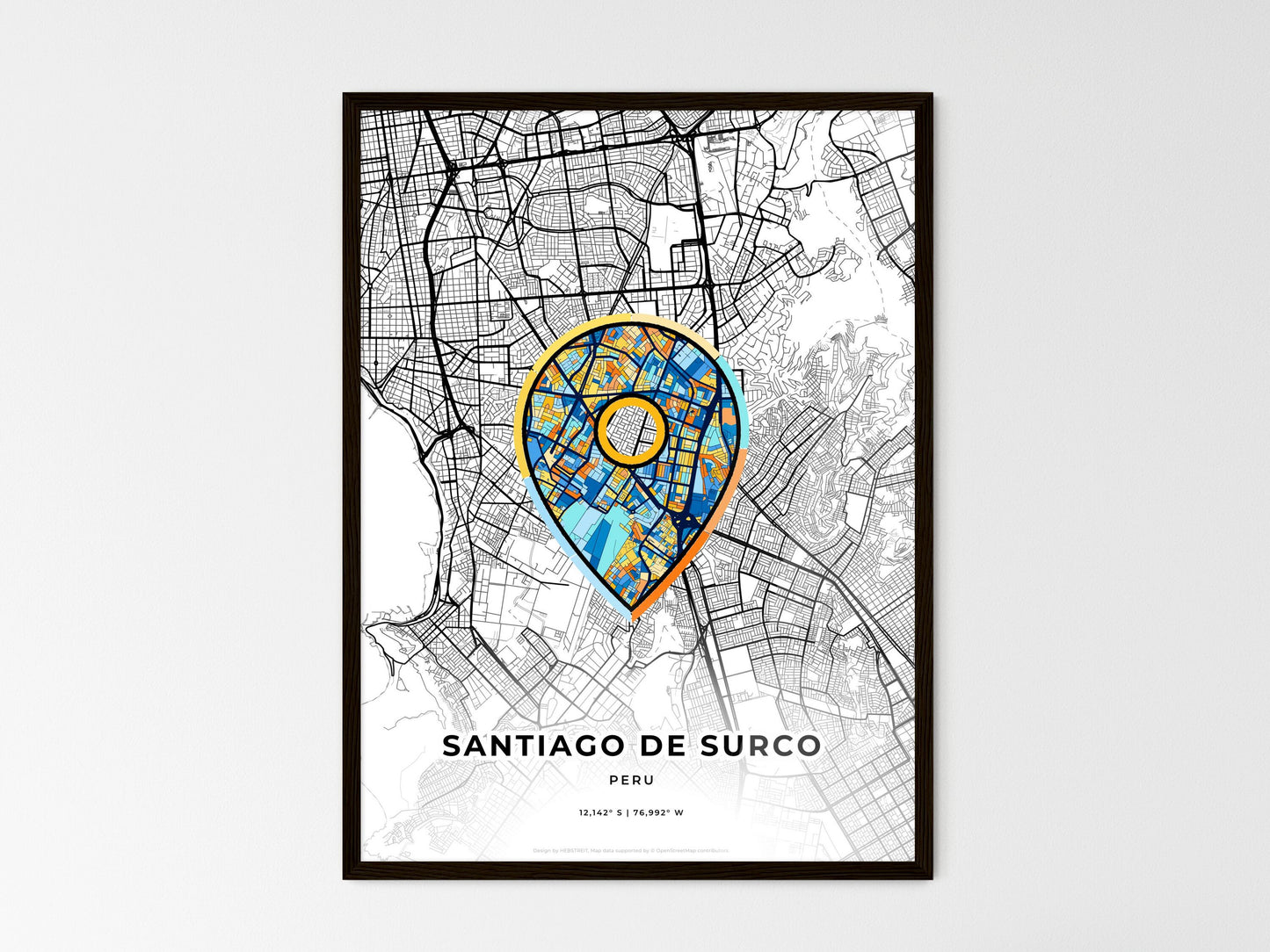 Santiago De Surco Peru wedding art map with pointer icon