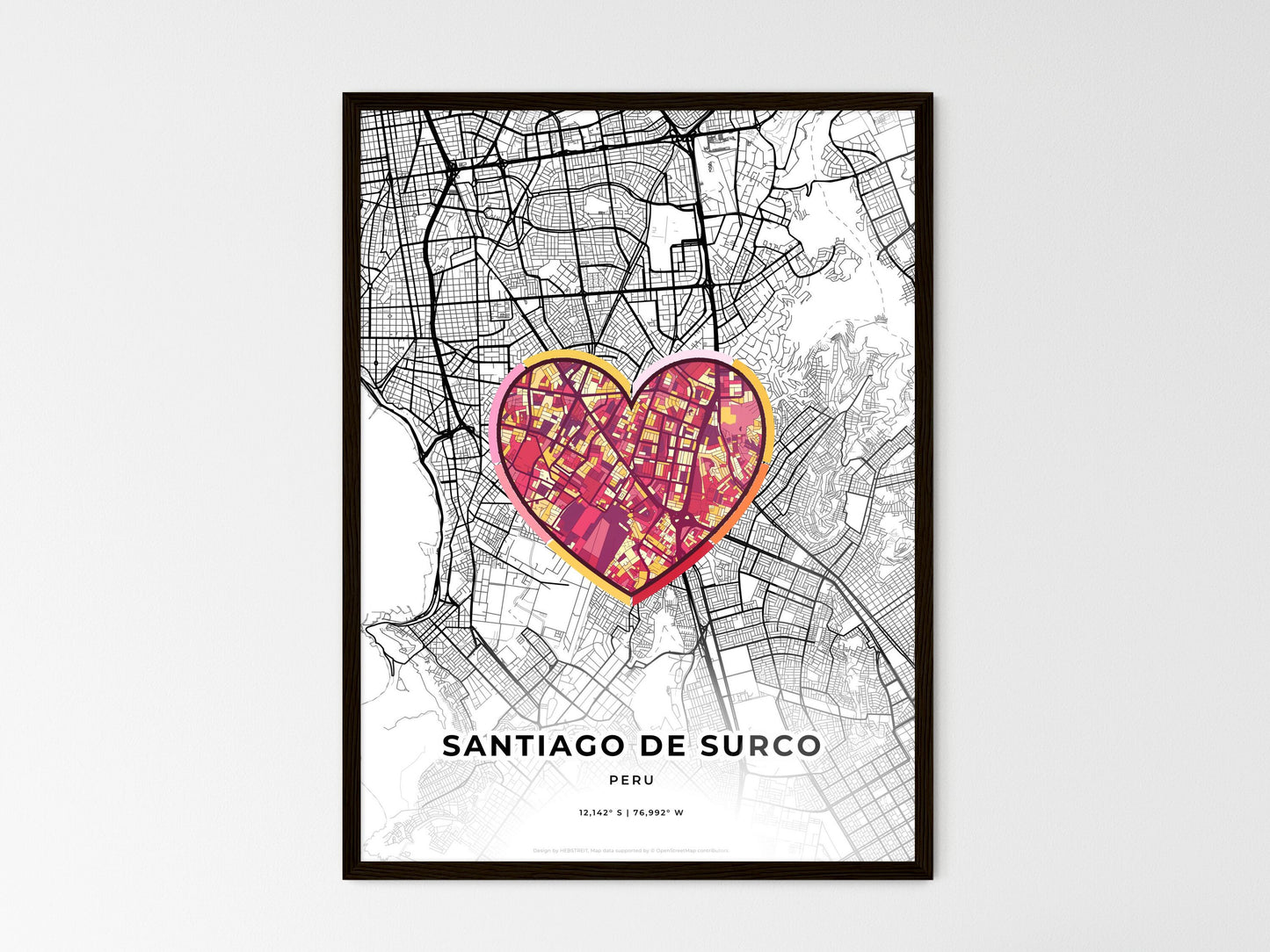 Santiago De Surco Peru wedding art map with heart icon