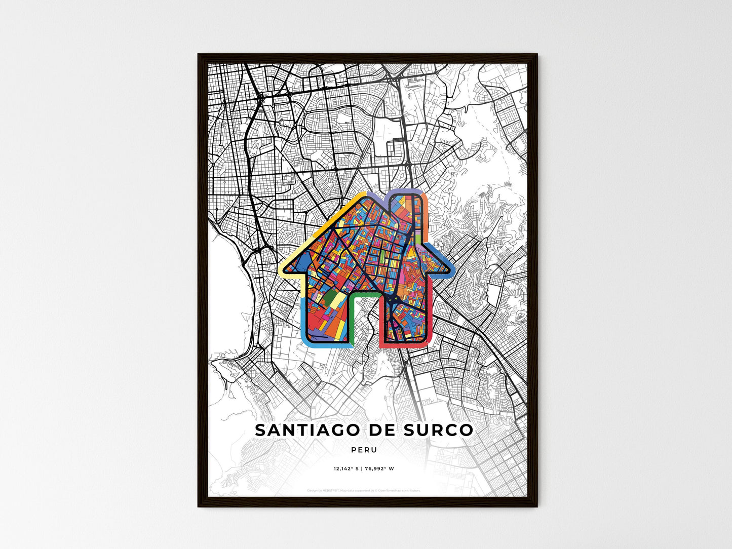 Santiago De Surco Peru wedding art map with home icon