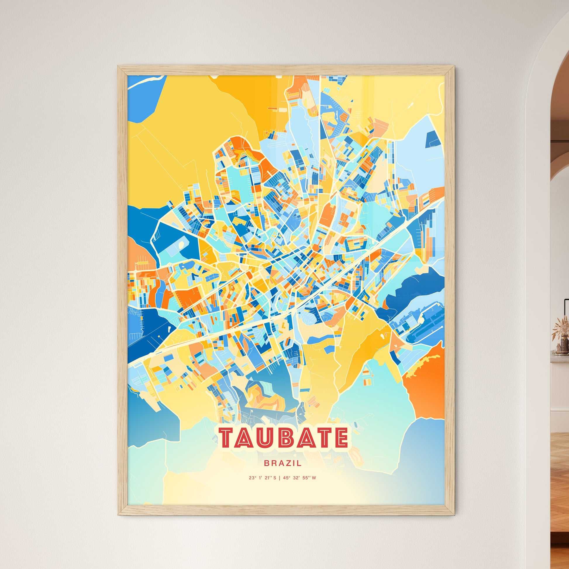 Colorful TAUBATE BRAZIL Fine Art Map Blue Orange