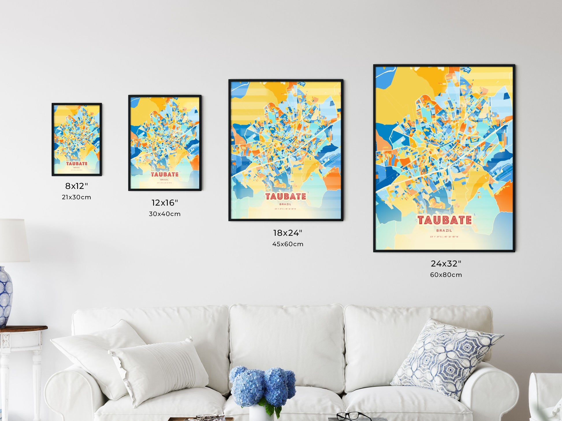 Colorful TAUBATE BRAZIL Fine Art Map Blue Orange