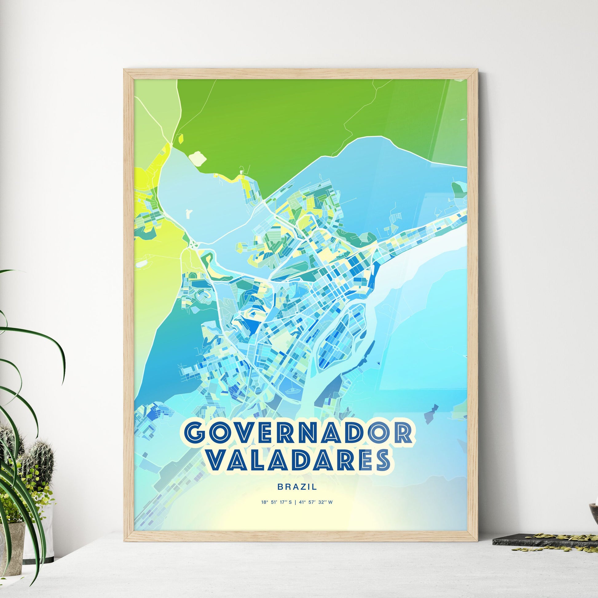 Colorful GOVERNADOR VALADARES BRAZIL Fine Art Map Cool Blue