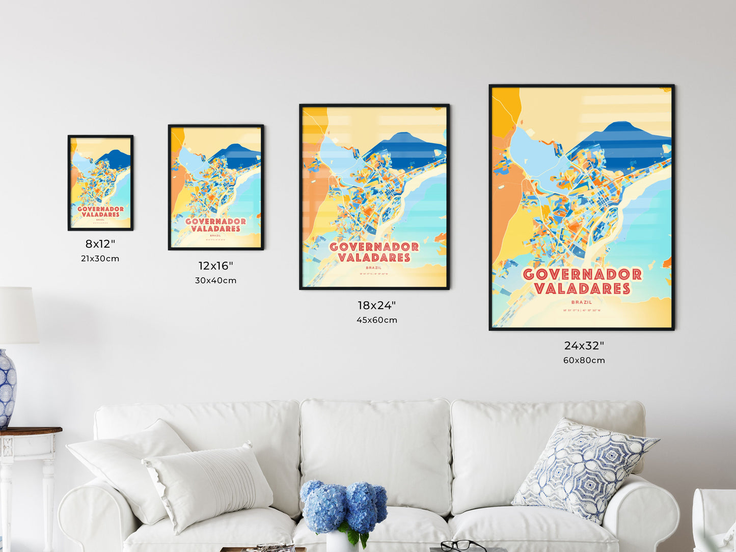 Colorful GOVERNADOR VALADARES BRAZIL Fine Art Map Blue Orange