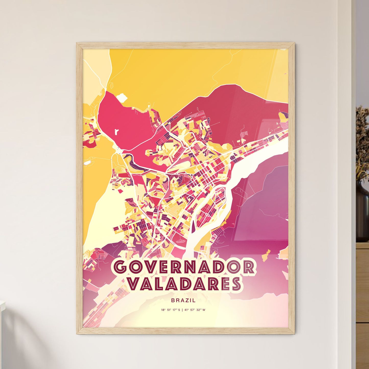 Colorful GOVERNADOR VALADARES BRAZIL Fine Art Map Hot Red