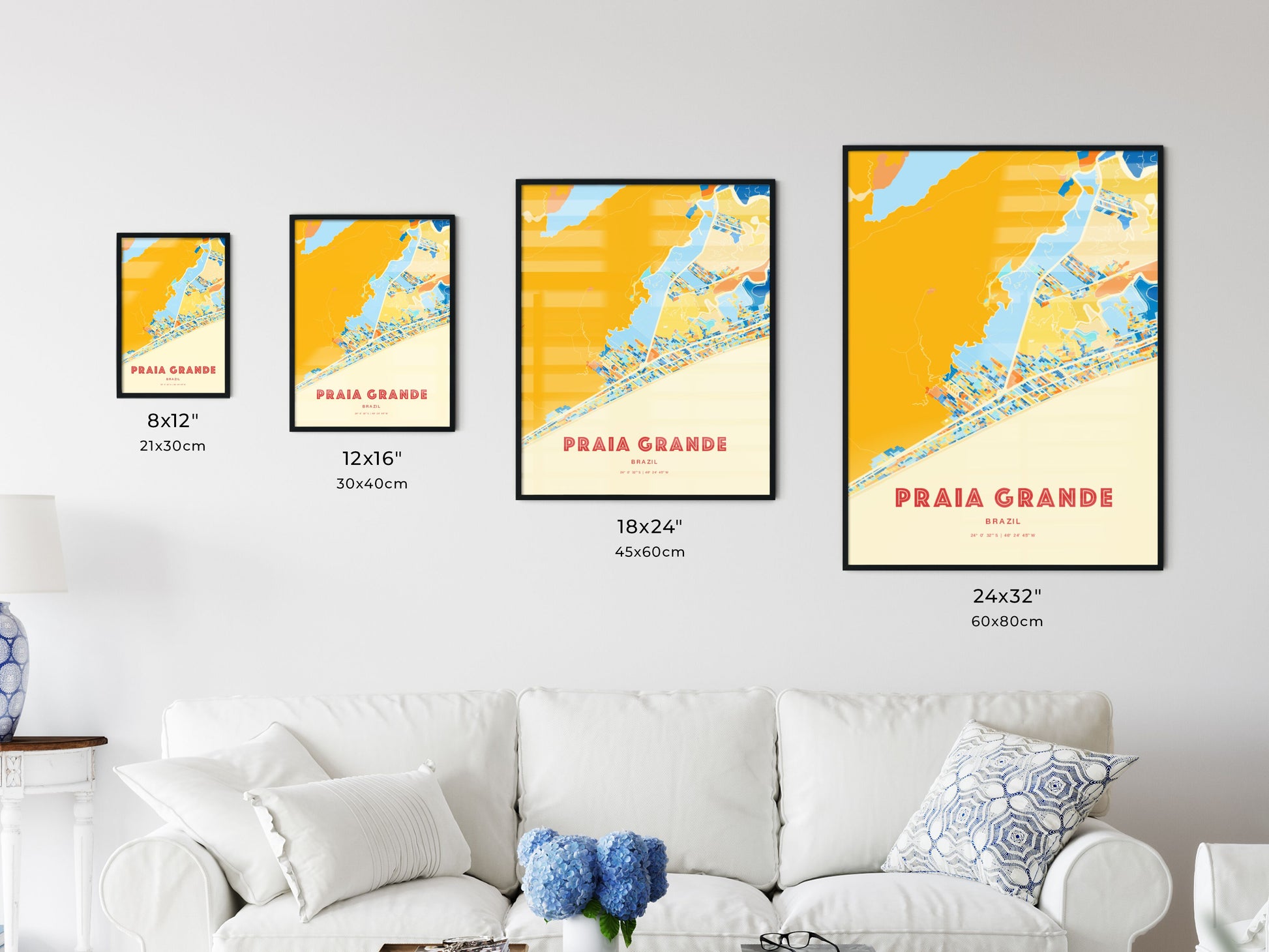 Colorful PRAIA GRANDE BRAZIL Fine Art Map Blue Orange