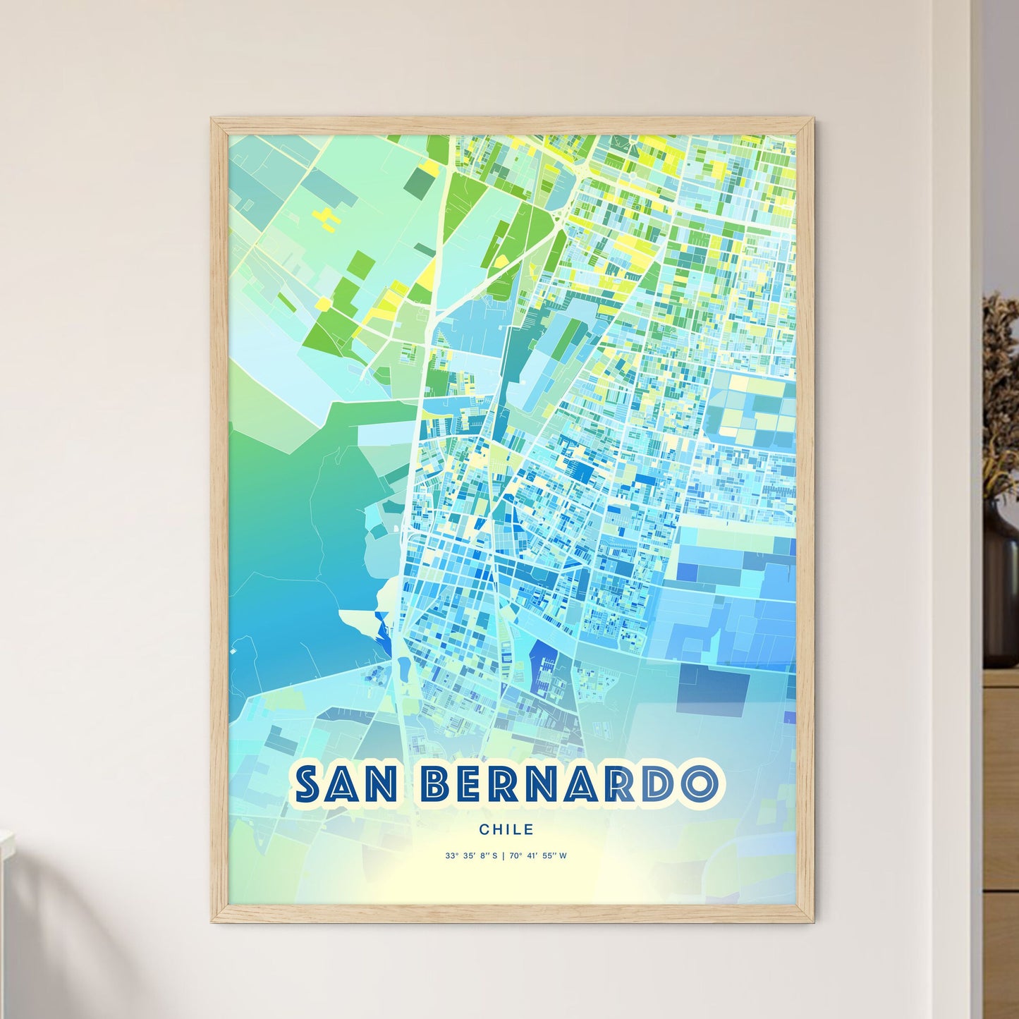 Colorful SAN BERNARDO CHILE Fine Art Map Cool Blue