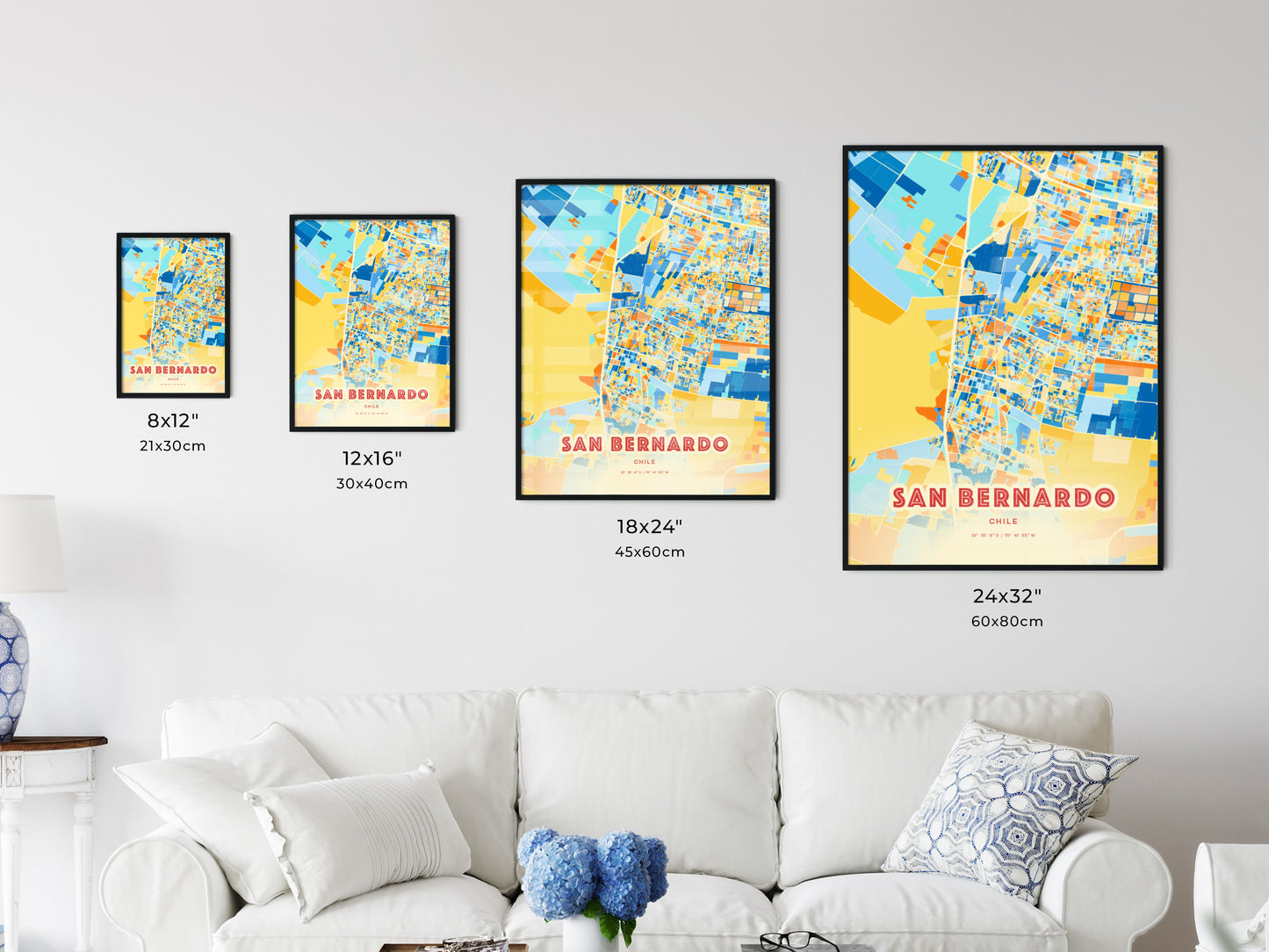 Colorful SAN BERNARDO CHILE Fine Art Map Blue Orange