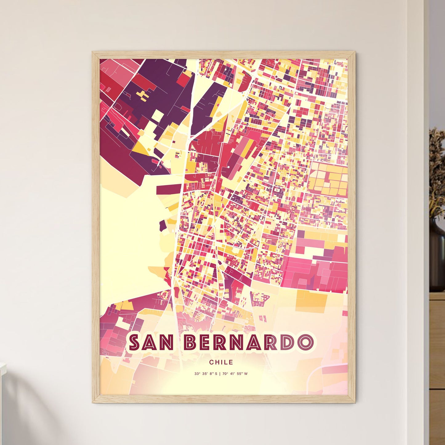 Colorful SAN BERNARDO CHILE Fine Art Map Hot Red