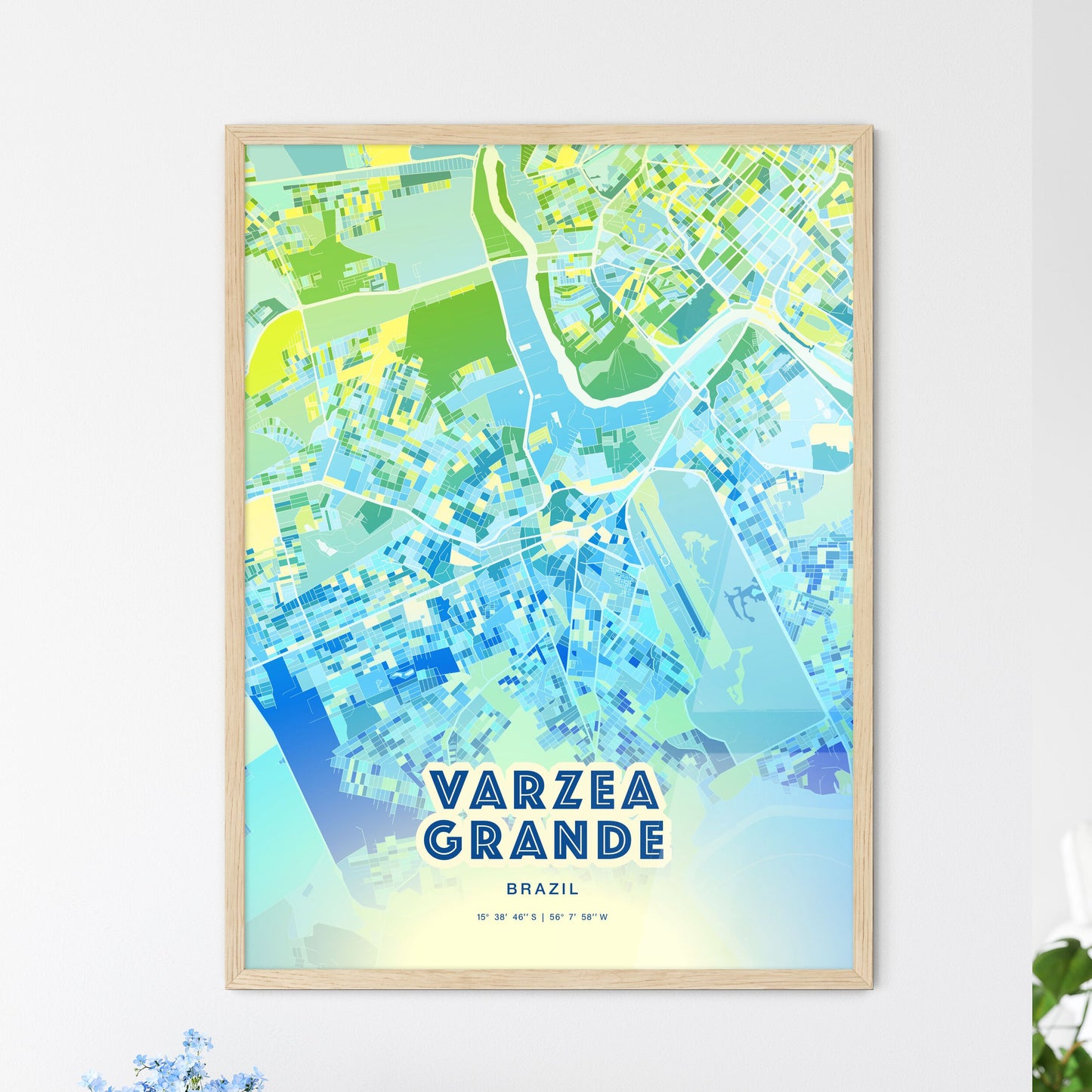 Colorful VARZEA GRANDE BRAZIL Fine Art Map Cool Blue