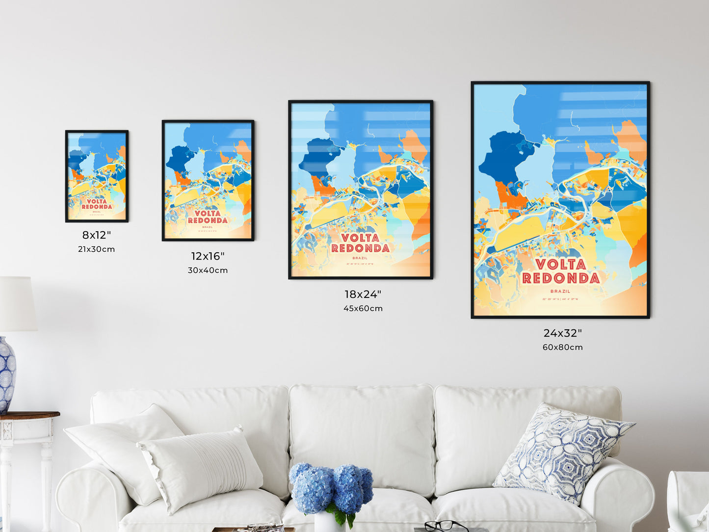 Colorful VOLTA REDONDA BRAZIL Fine Art Map Blue Orange