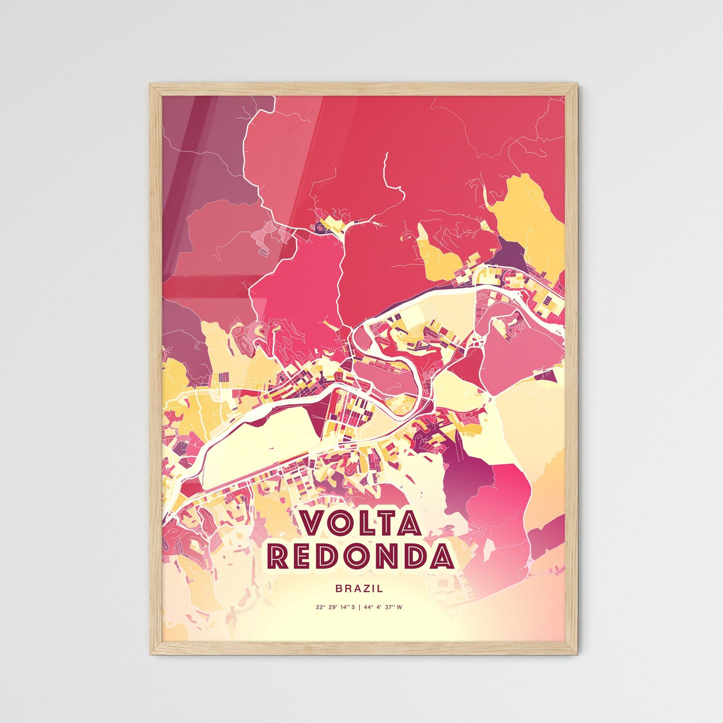 Colorful VOLTA REDONDA BRAZIL Fine Art Map Hot Red