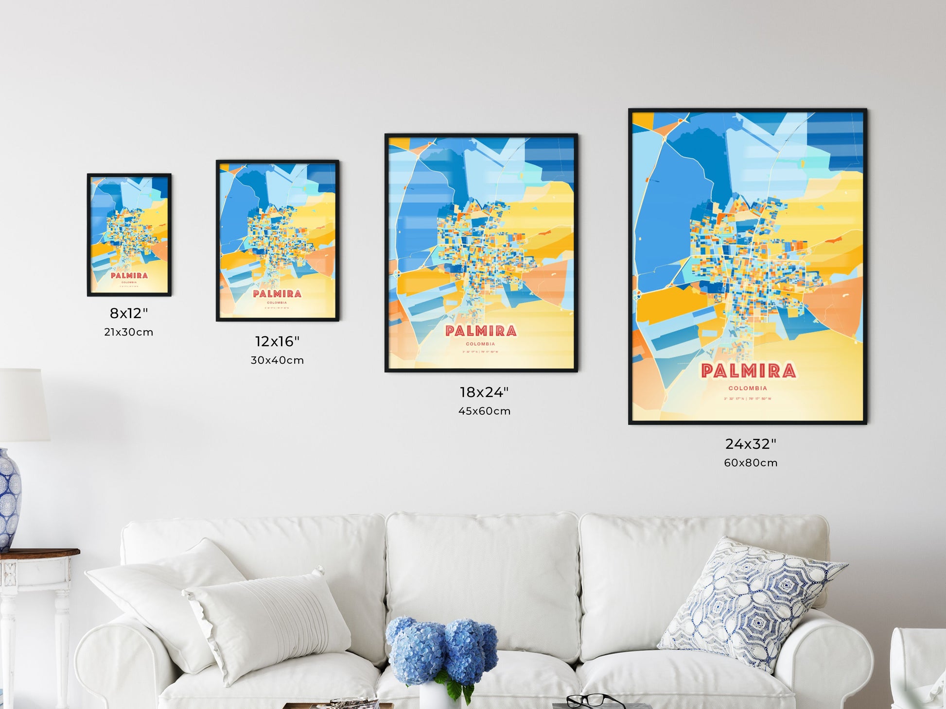 Colorful PALMIRA COLOMBIA Fine Art Map Blue Orange