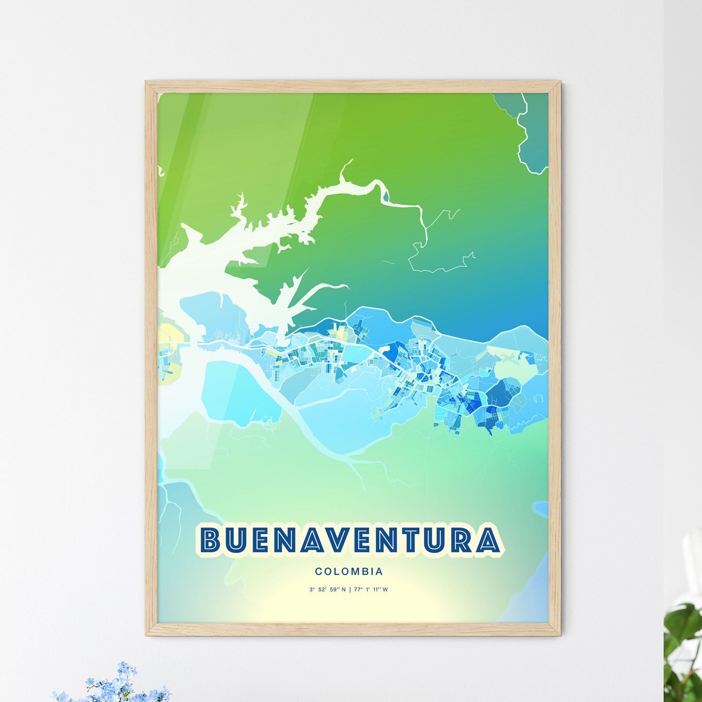 Colorful BUENAVENTURA COLOMBIA Fine Art Map Cool Blue