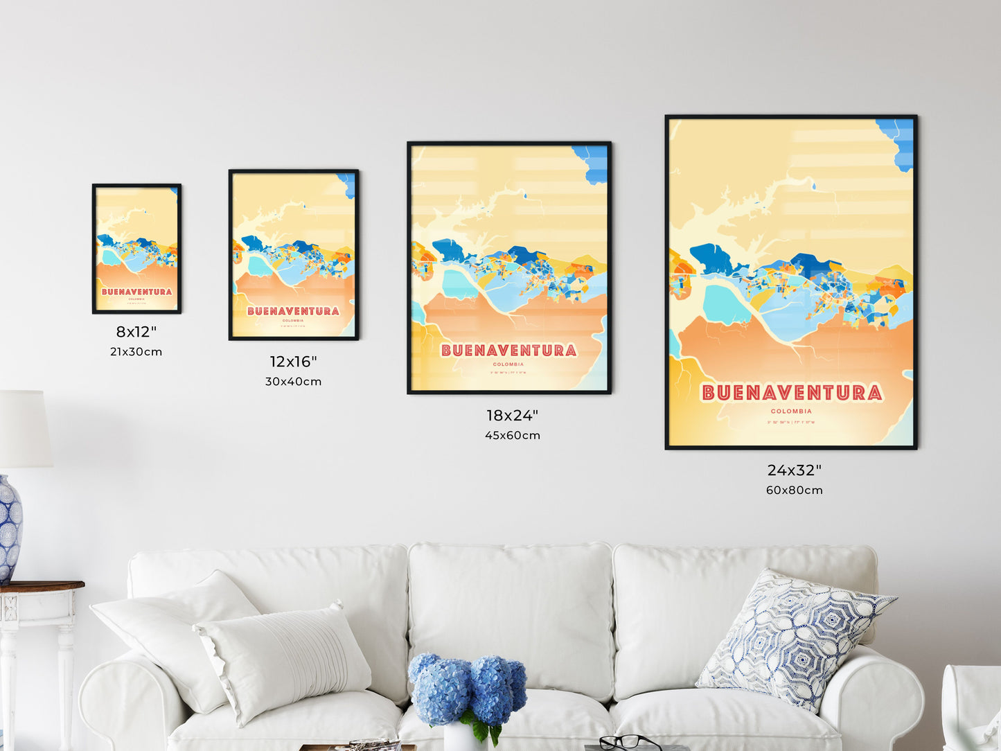 Colorful BUENAVENTURA COLOMBIA Fine Art Map Blue Orange