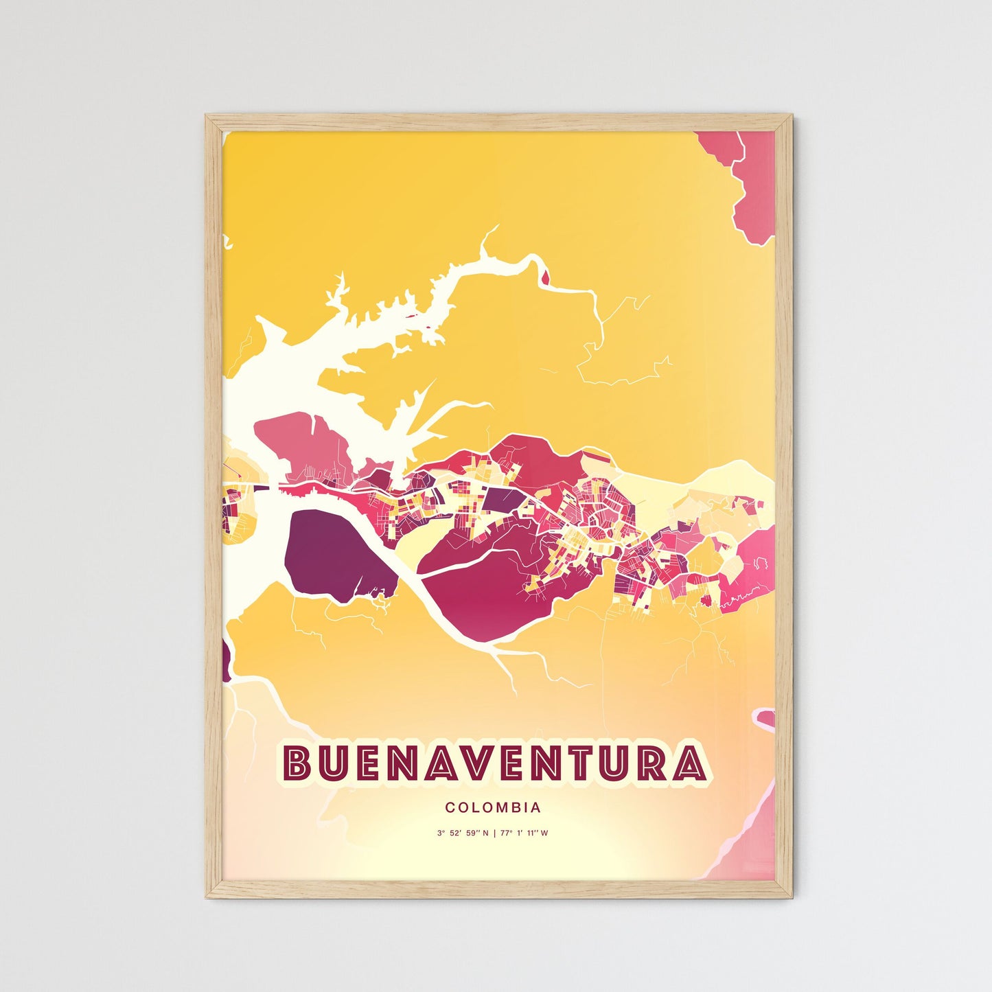 Colorful BUENAVENTURA COLOMBIA Fine Art Map Hot Red