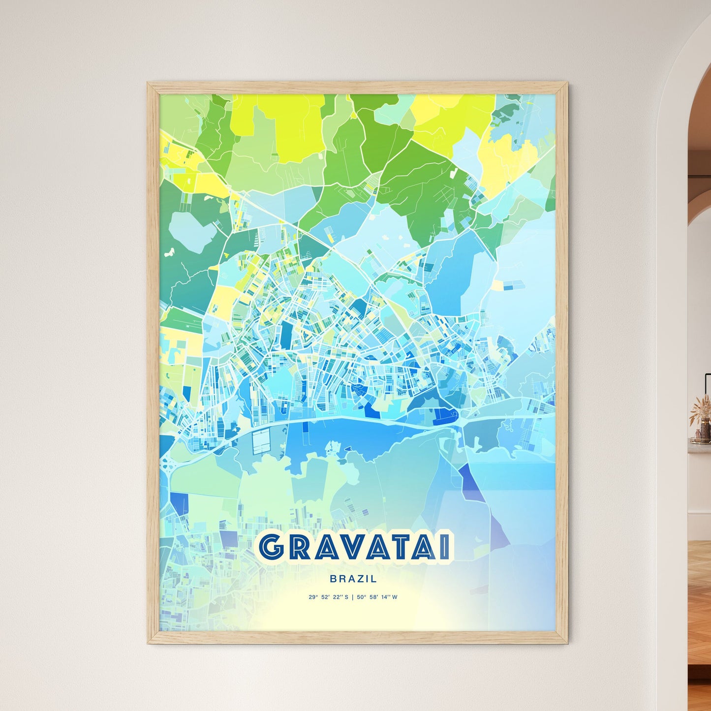 Colorful GRAVATAI BRAZIL Fine Art Map Cool Blue