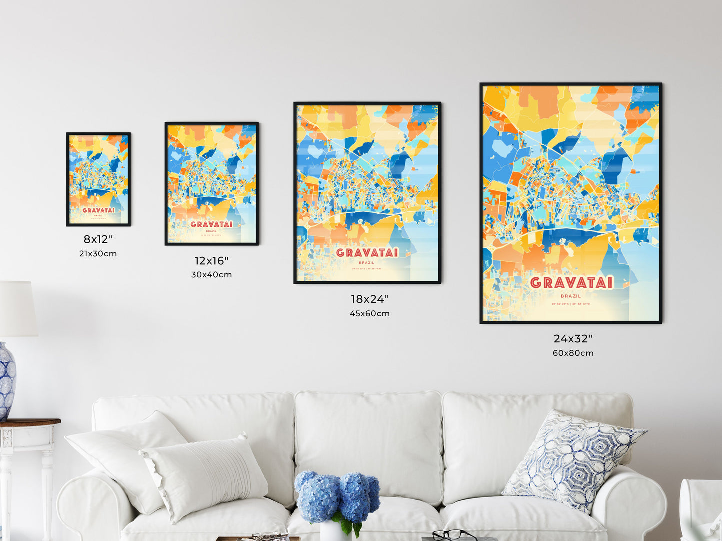 Colorful GRAVATAI BRAZIL Fine Art Map Blue Orange