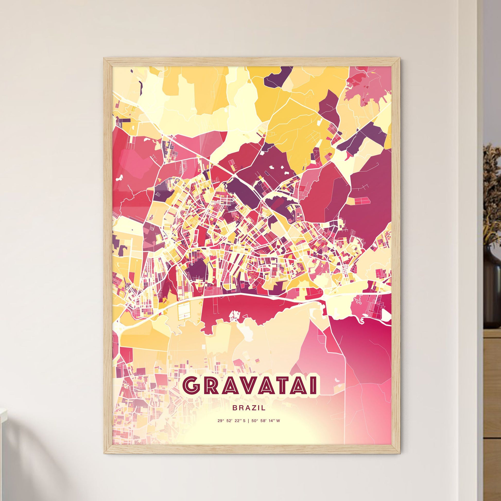 Colorful GRAVATAI BRAZIL Fine Art Map Hot Red